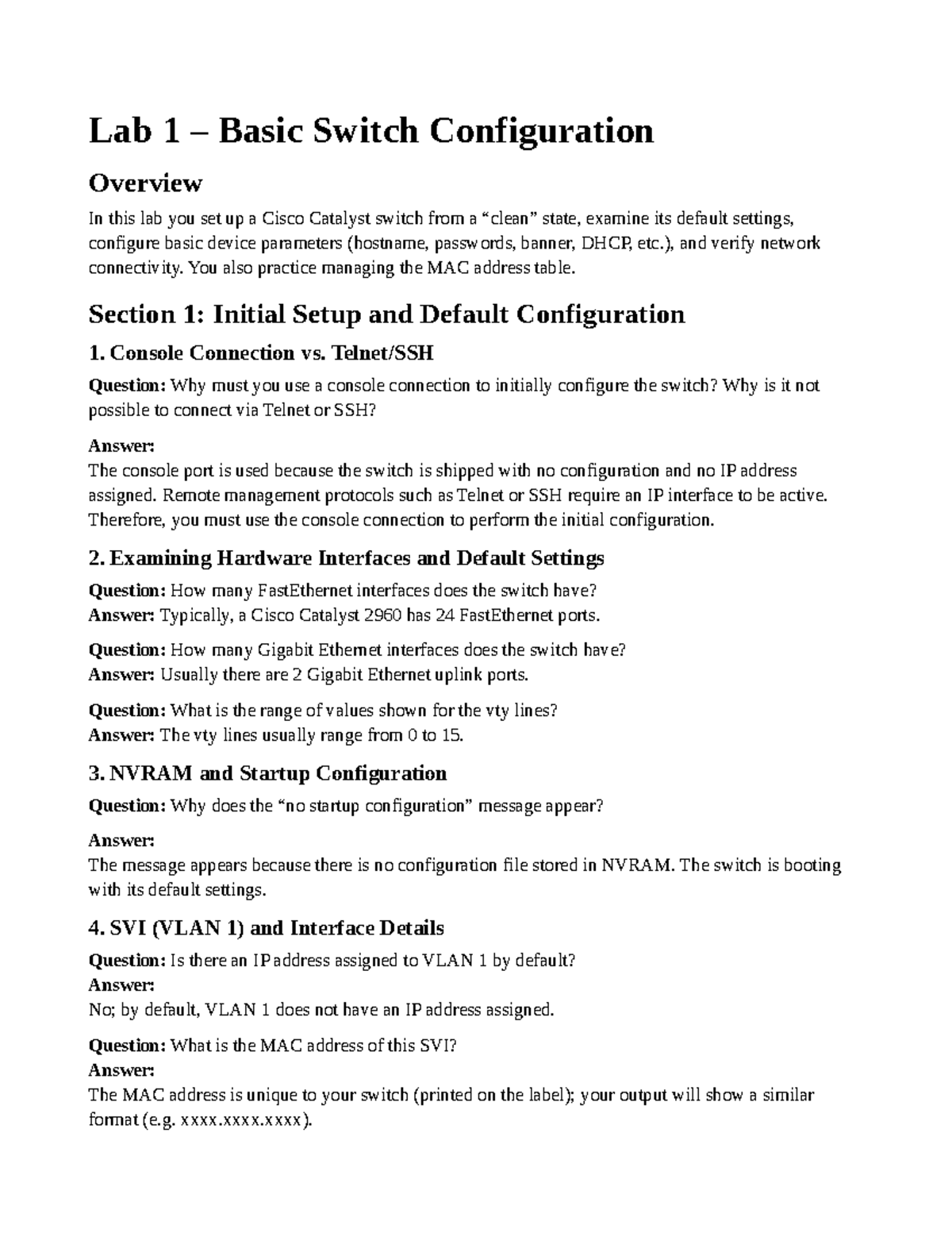 Lab 1 (CCNA) Basic Switch Configuration and VLAN Management Overview ...