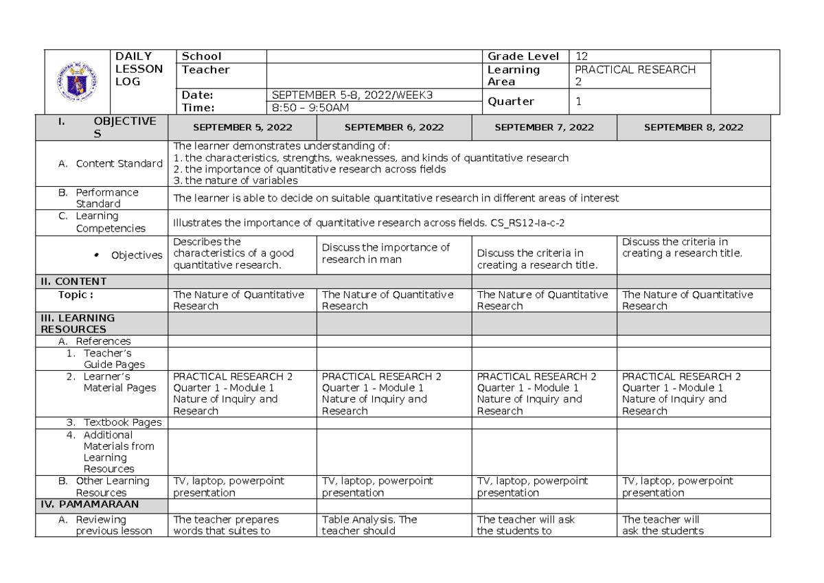 WEEK 3 LESSON LOG - PRACTICAL RESEARCH 2 (Grade 12) - Studocu