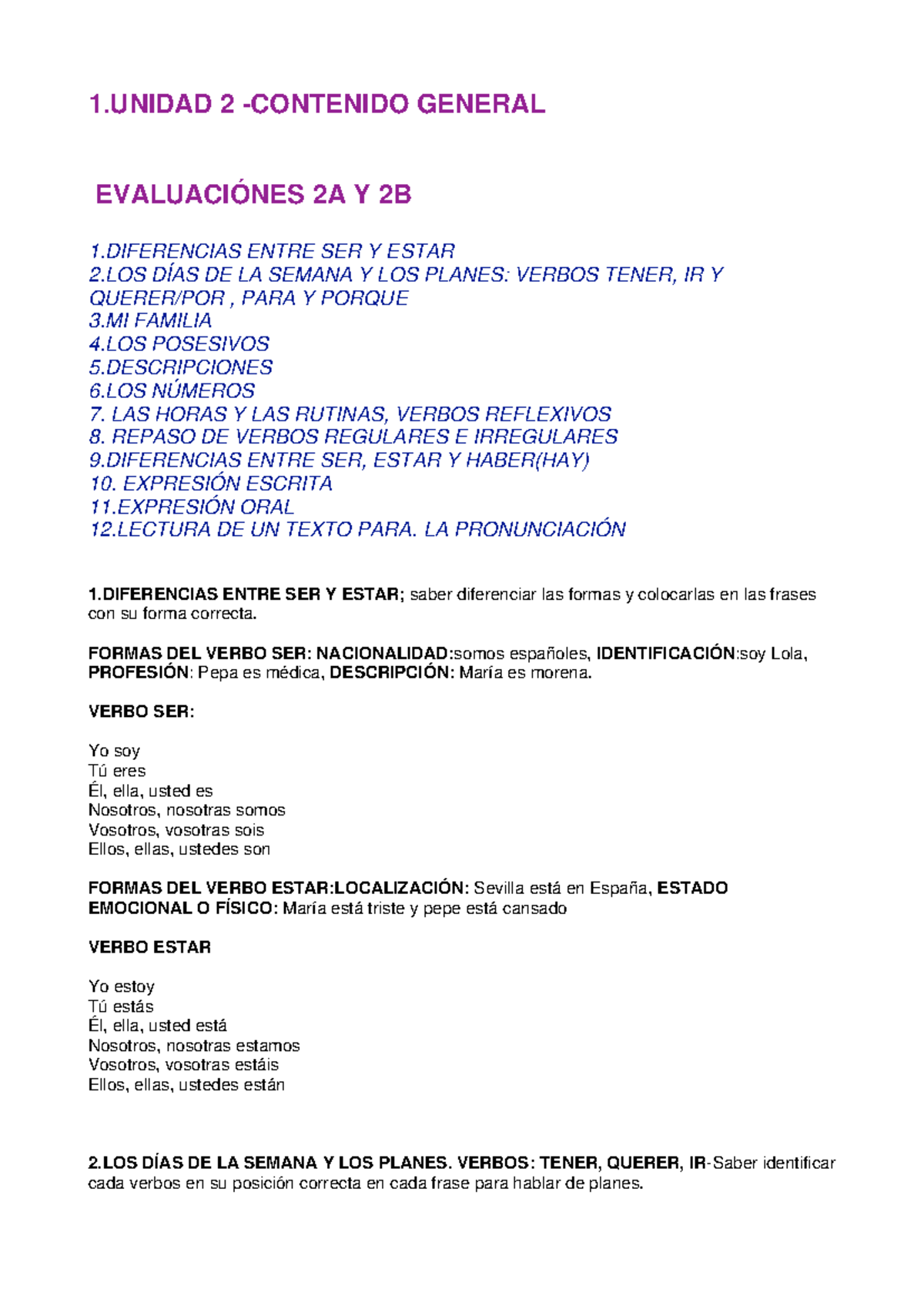 Resumen de la Unidad 2: Evaluaciones 2A y 2B (Ser, Estar, Verbos ...