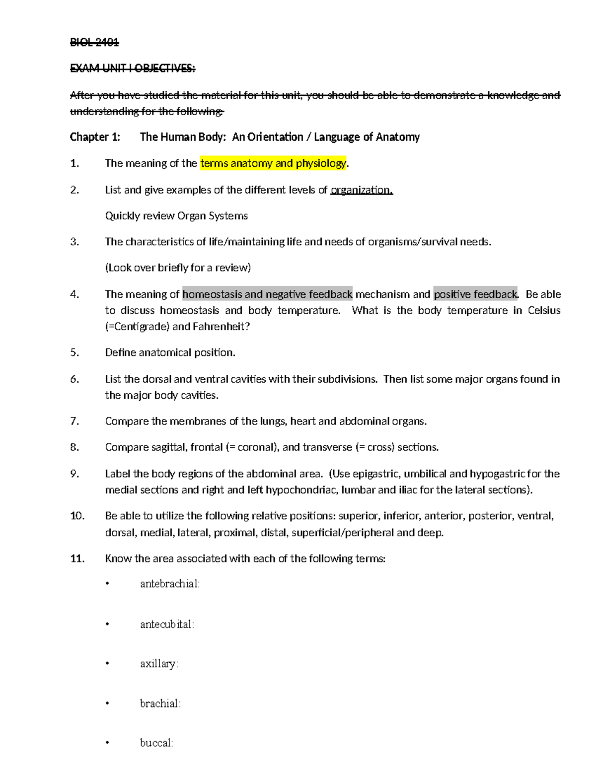 Chapter 1 Study Objectives - BIOL 2401 EXAM UNIT I OBJECTIVES: After ...