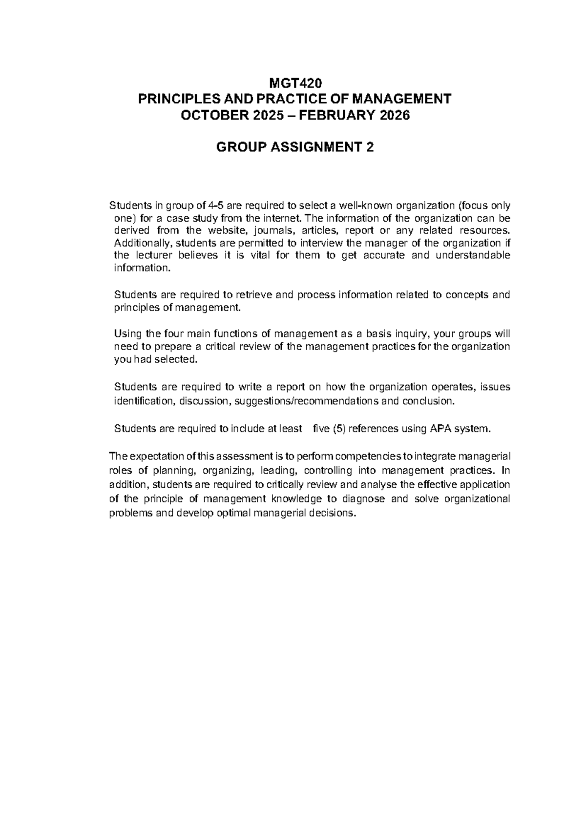 MGT420 Group Assignment 2: Case Study on Management Practices - Studocu