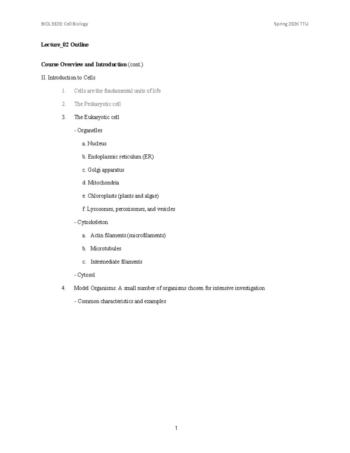 BIOL3320: Cell Biology Spring 2026 TTU Lecture 02 Outline - Studocu