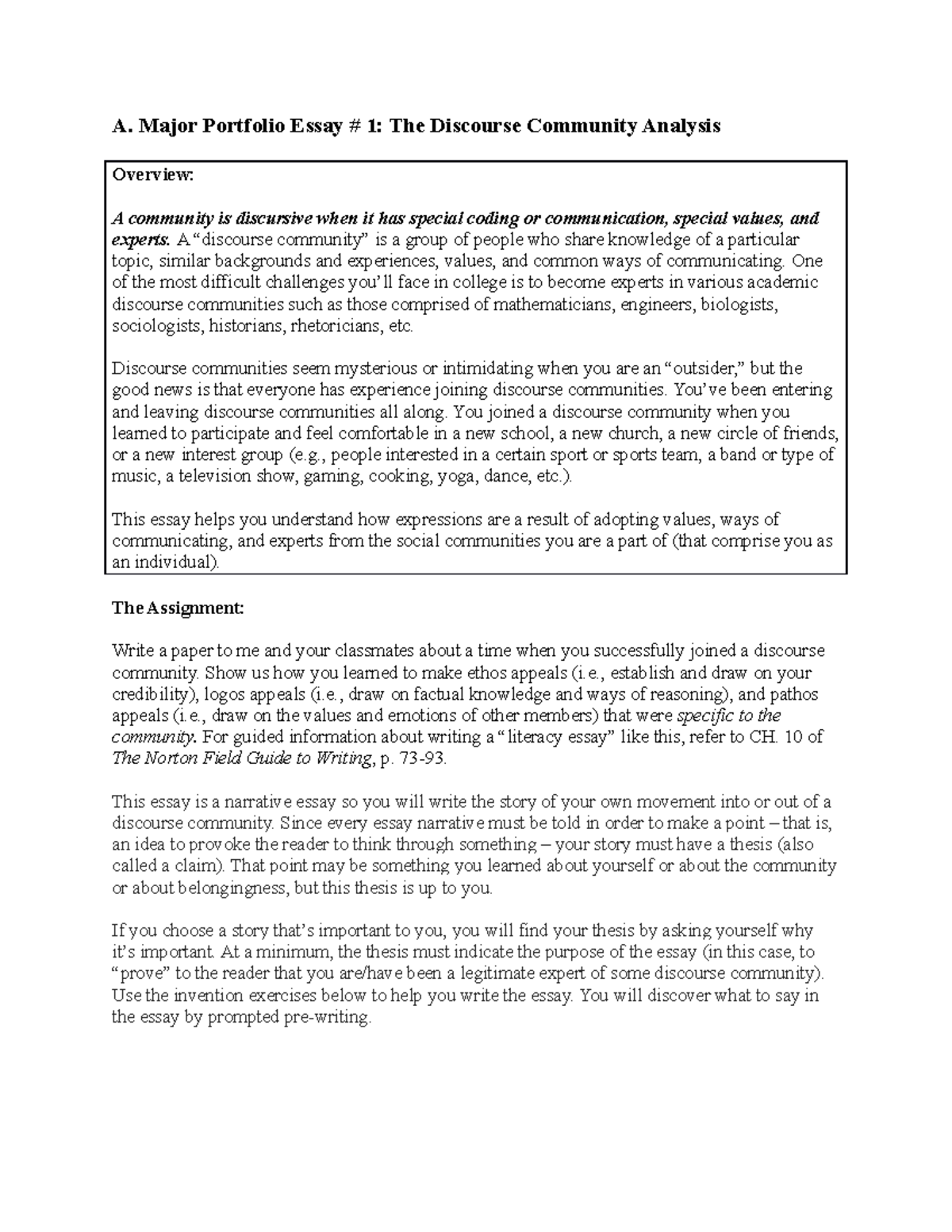 DCA 101 Major Portfolio Essay #1: Discourse Community Analysis Guide ...