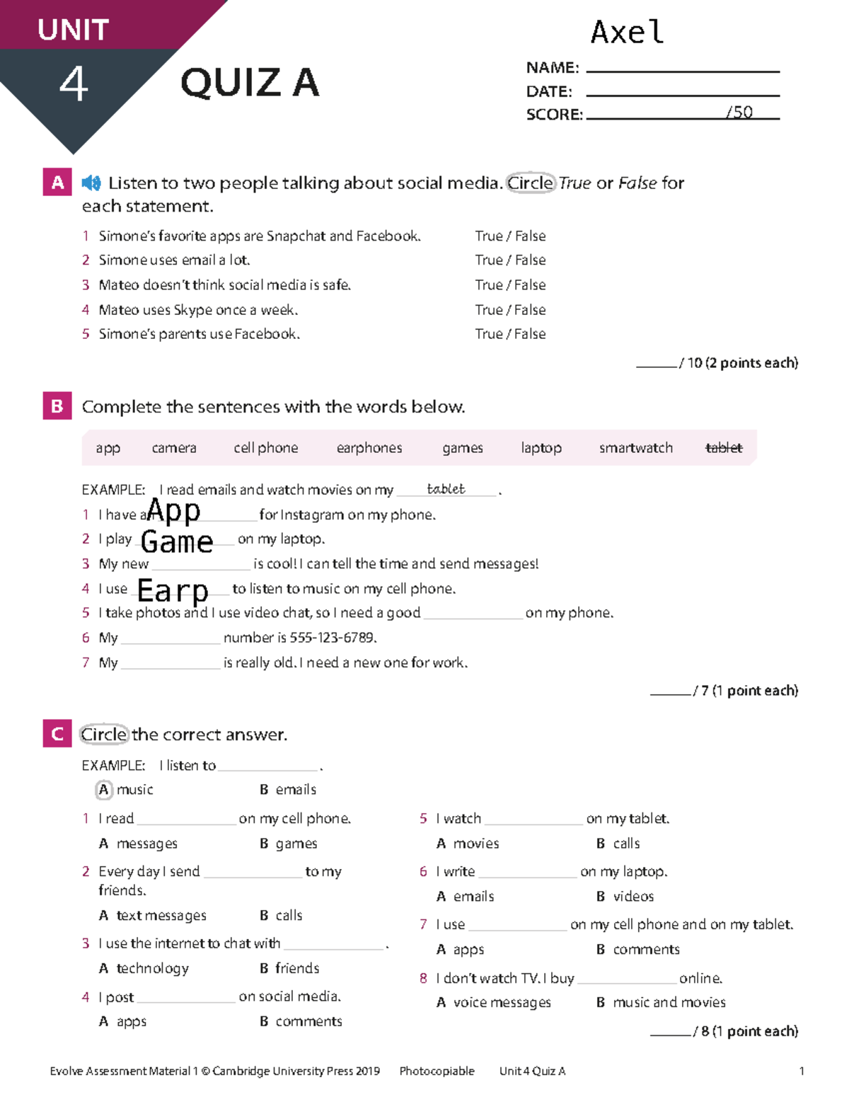 Evolve L1 Unit 4 Quiz A - Complete Your Knowledge on Social Media - Studocu