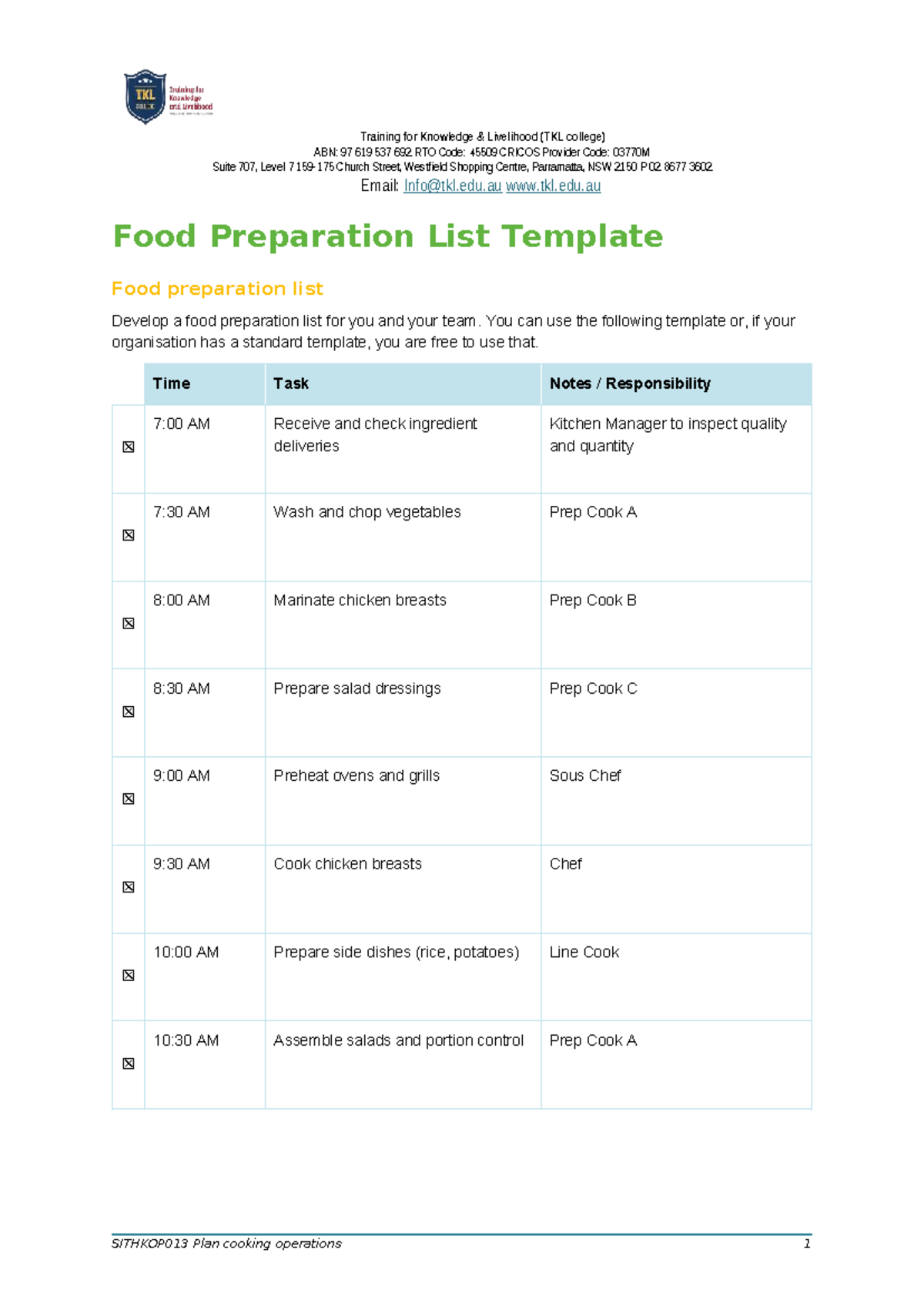 SITHKOP013 Food Prep List Template for Cooking Operations - Studocu