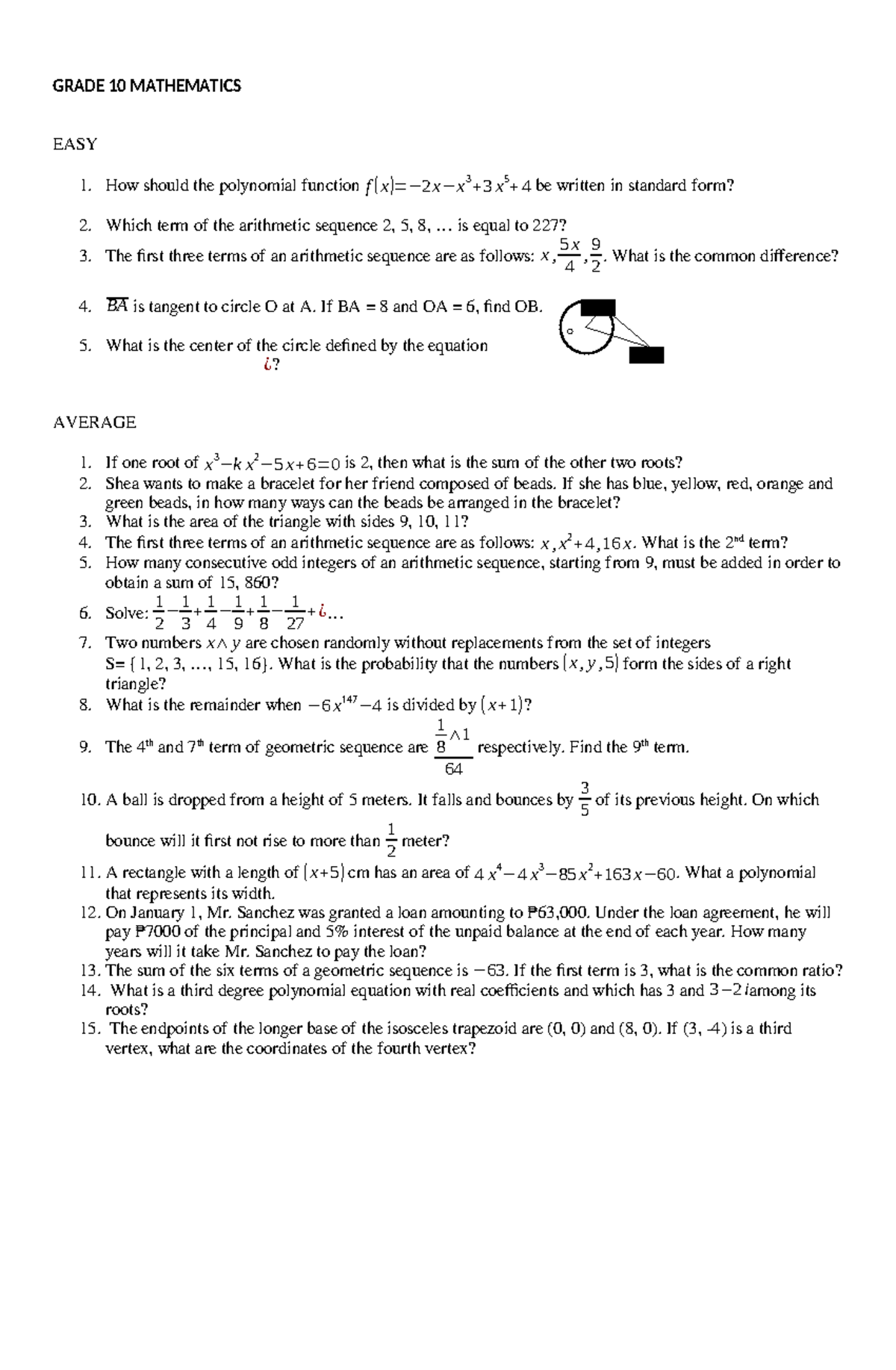 368252165 Grade 10 Math Competition Problems and Answer Key - O GRADE ...