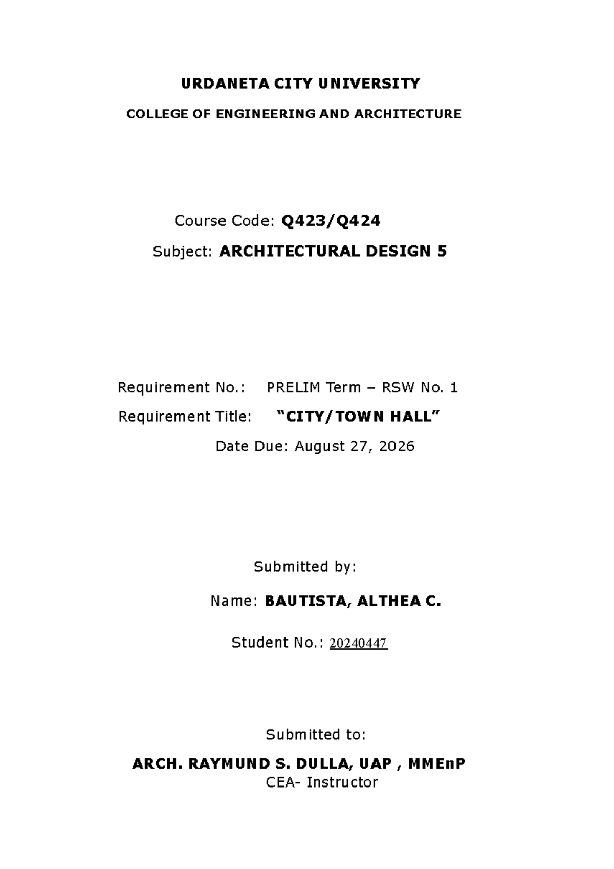 ARCHITECTURAL DESIGN 5: City Hall Design Considerations RSW No. 1 - Studocu