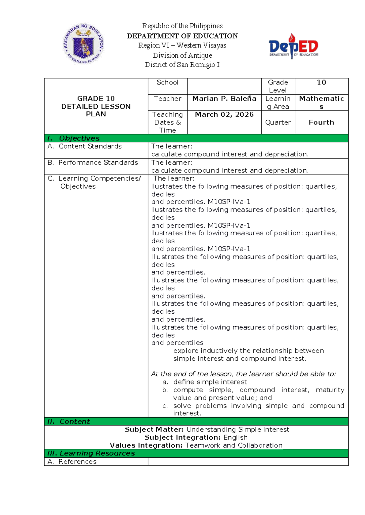 DLP-10: Detailed Lesson Plan on Simple Interest and Quartiles - Studocu