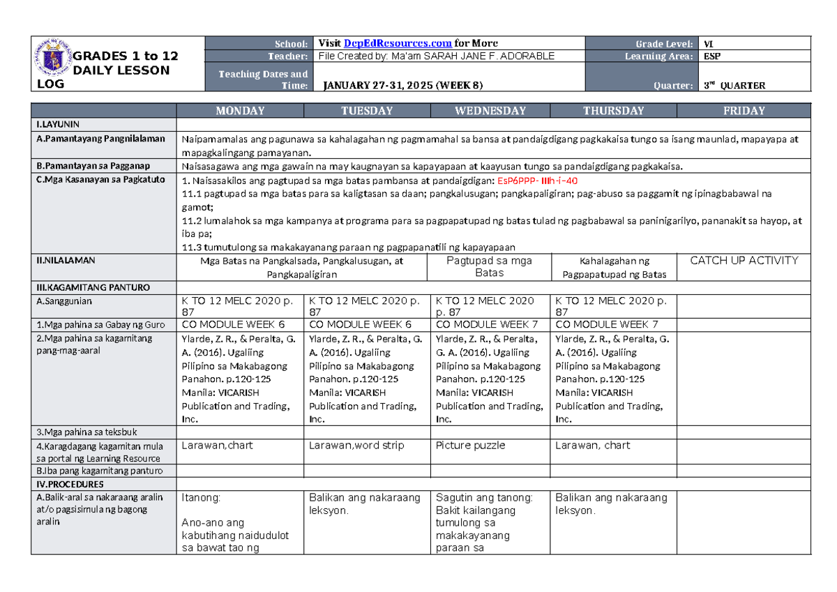 DLL ESP 6 Q3 W8 - asdweafawe - GRADES 1 to 12 DAILY LESSON LOG School ...