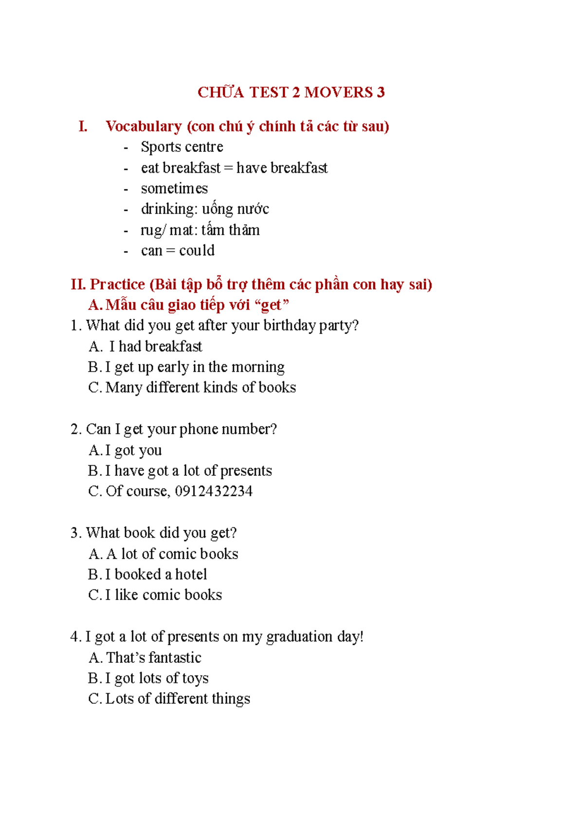 TEST 2 Movers 3 Vocabulary and Practice Notes - Studocu
