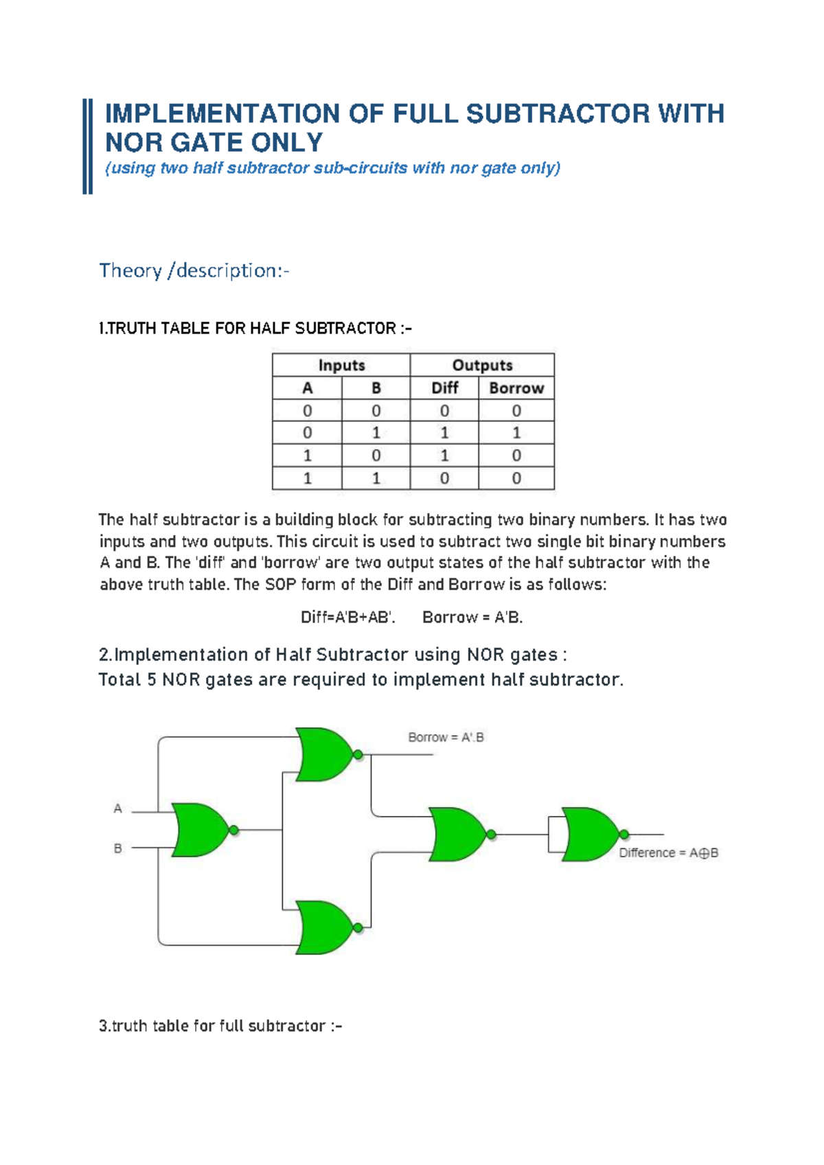 Full Subtractor Implementation with NOR Gates - Theory & Diagrams - Studocu