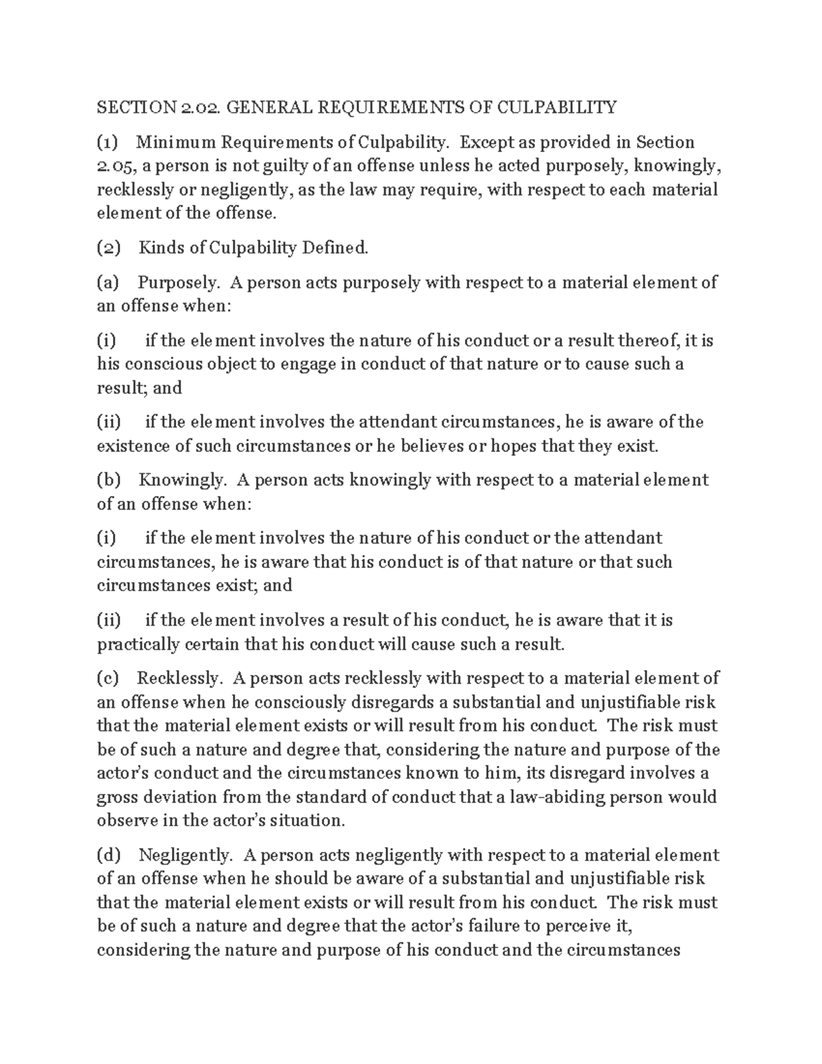 MPC § 2.02 Culpability Requirements: A Comprehensive Summary - Studocu