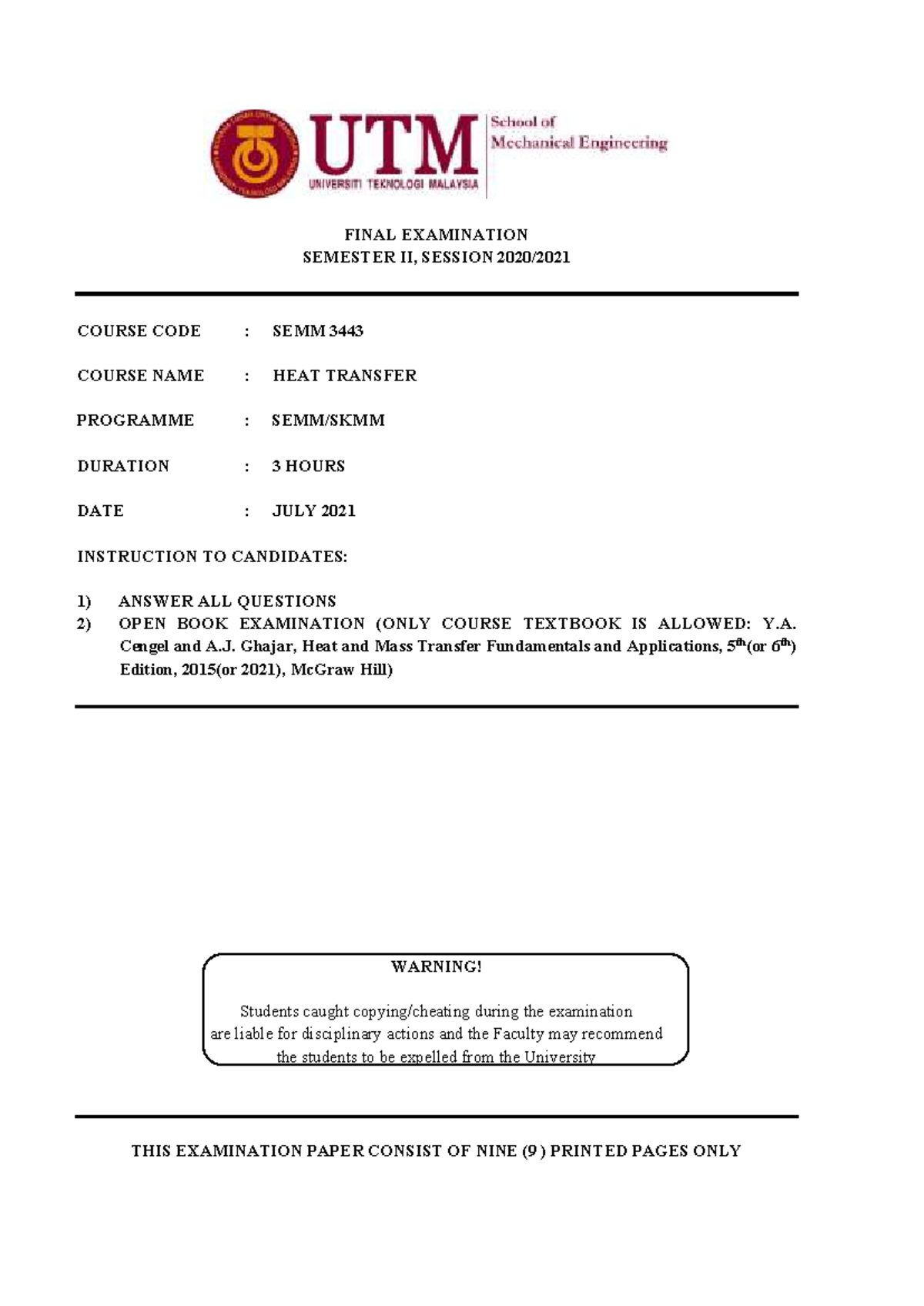 FINAL EXAM SEM II 2021 - HEAT TRANSFER (SEMM 3443) - Studocu