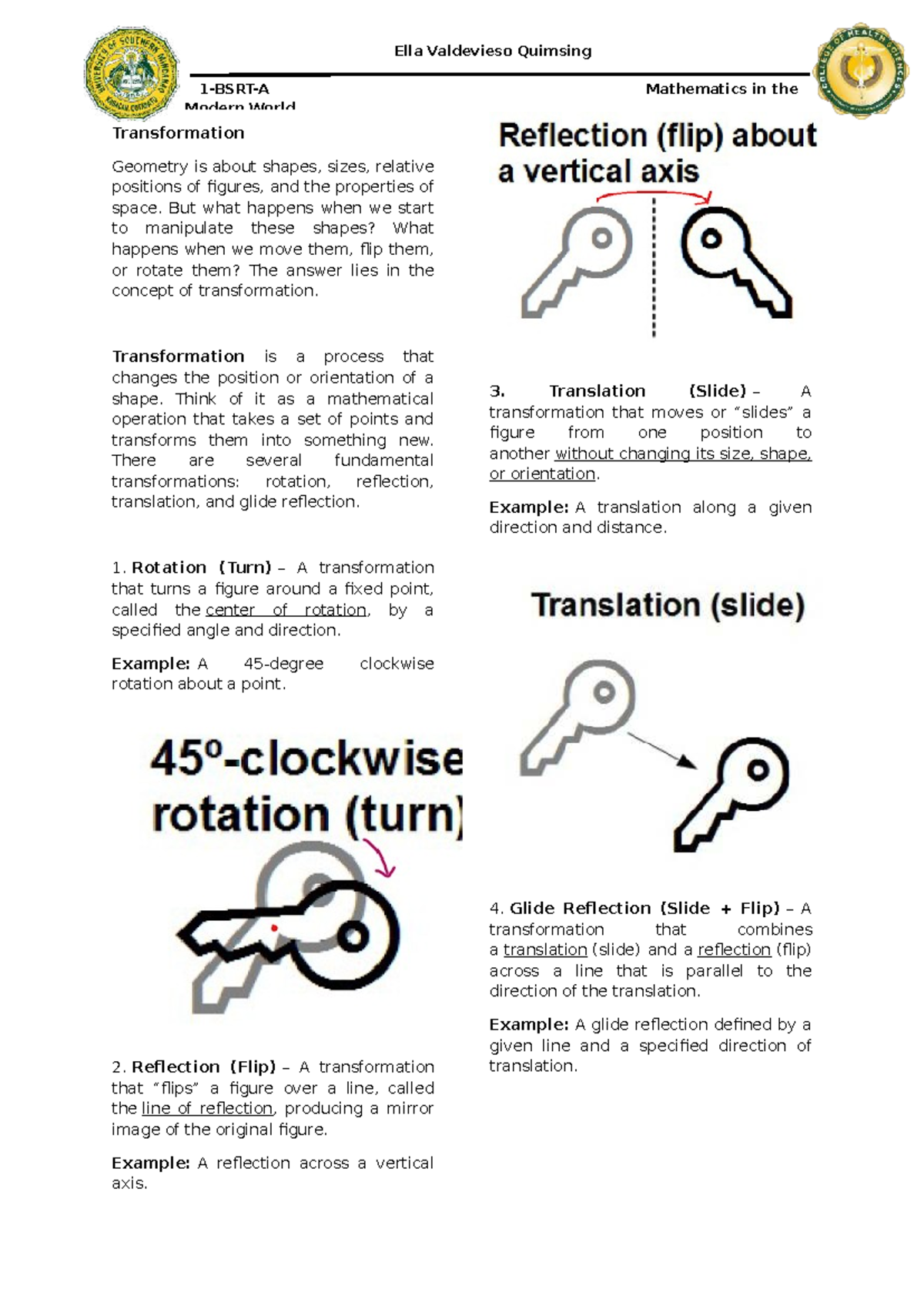 MMW 115: Transformation Geometry and Mathematical Operations Notes ...