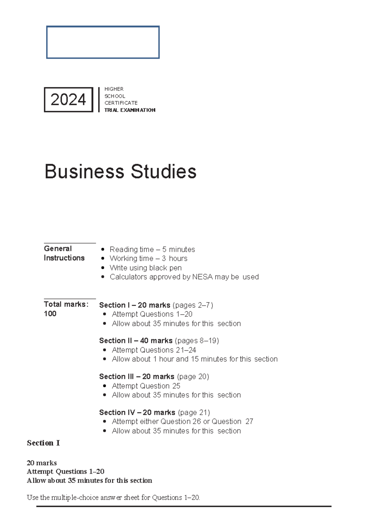 2024 HSC Business Studies Trial Exam: General Instructions & Questions ...