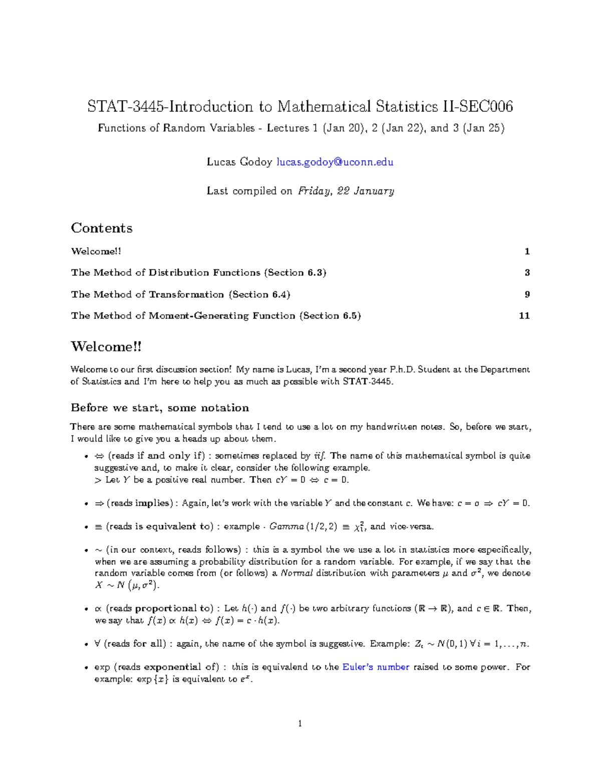 STAT-3445 Lecture Notes: Functions of Random Variables (Sec 6.3-6.5 ...