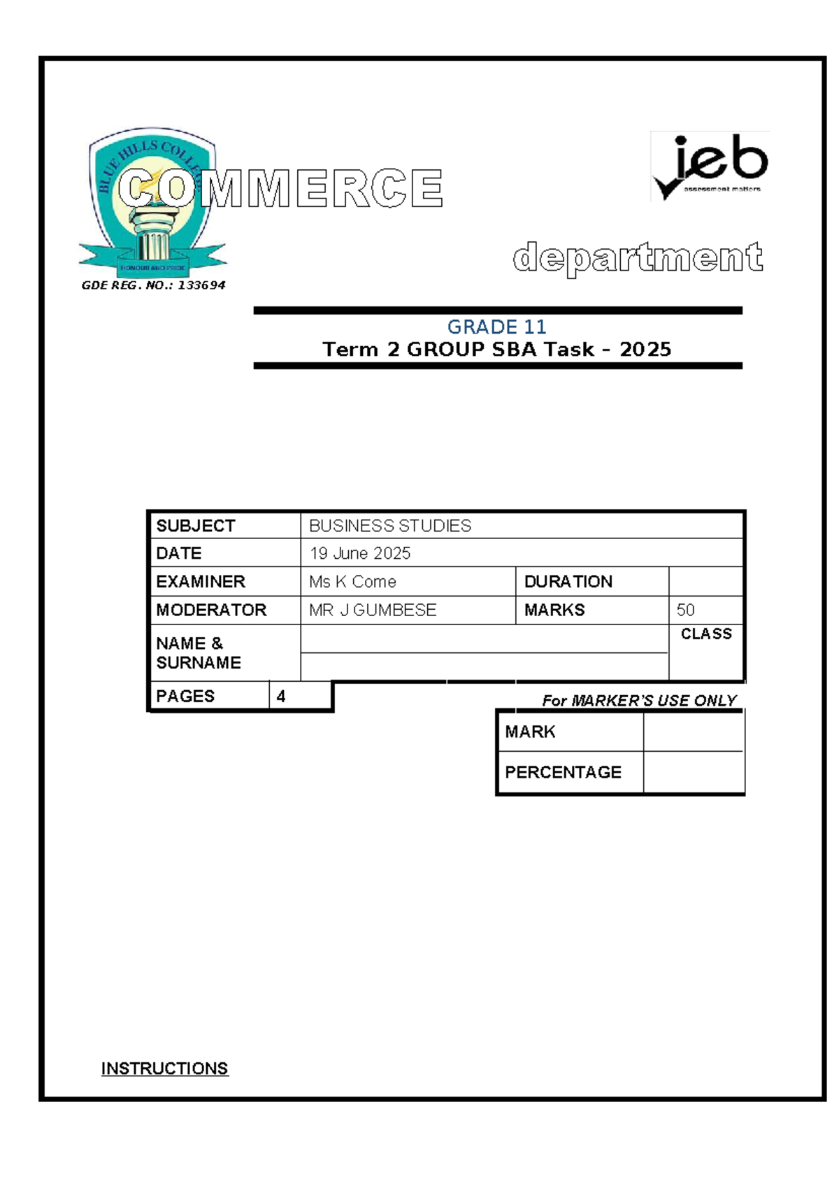 Grade 11 Business Studies Term 2 Group SBA Task 2025 Guide - Studocu