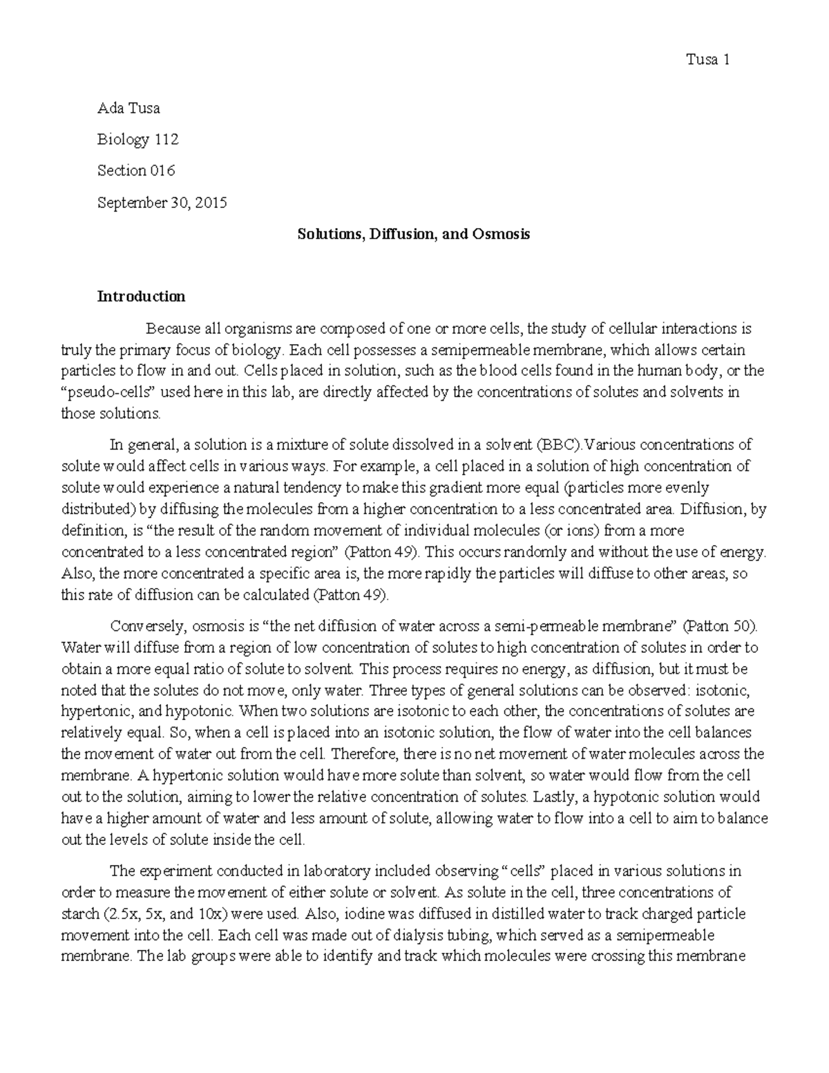 Lab Report, Osmosis and Diffusion - Tusa 1 Ada Tusa Biology 112 Section ...