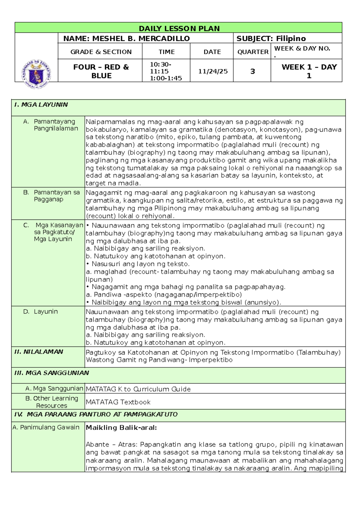 DLP: Filipino 4 - Quarter 4, Week 1, Day 1 Lesson Plan - Studocu