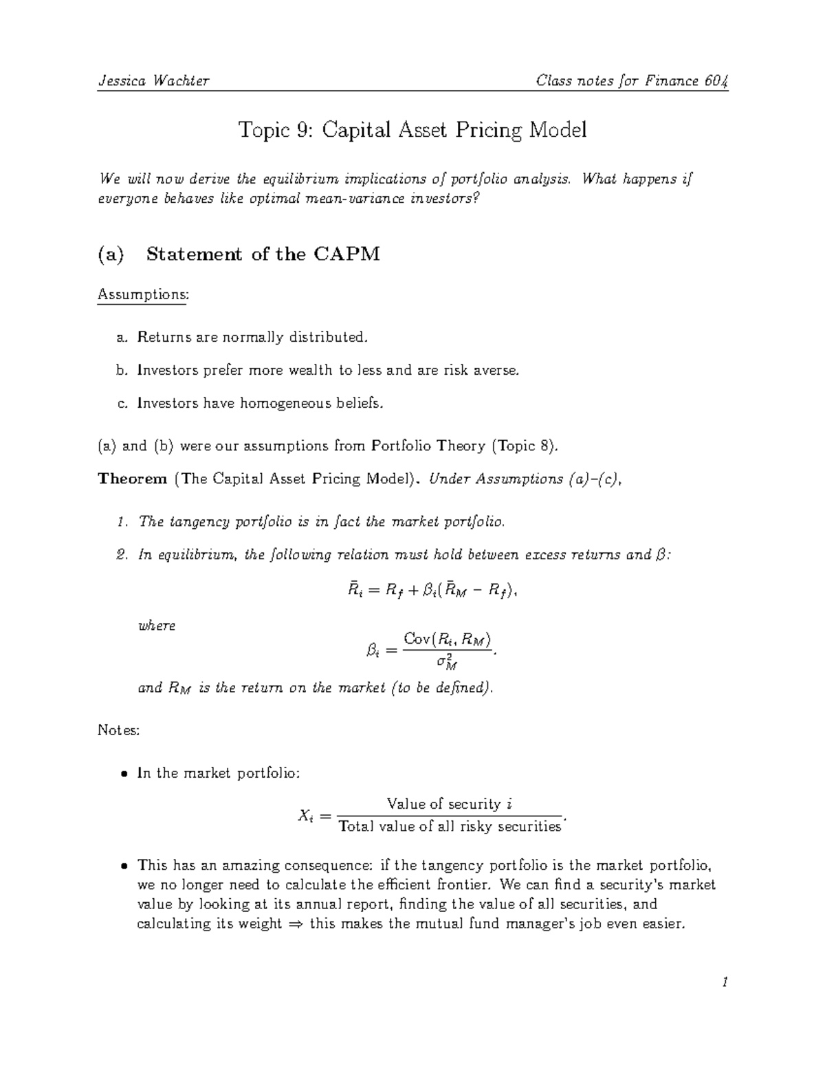 Finance 604: Capital Asset Pricing Model (CAPM) Class Notes - Studocu