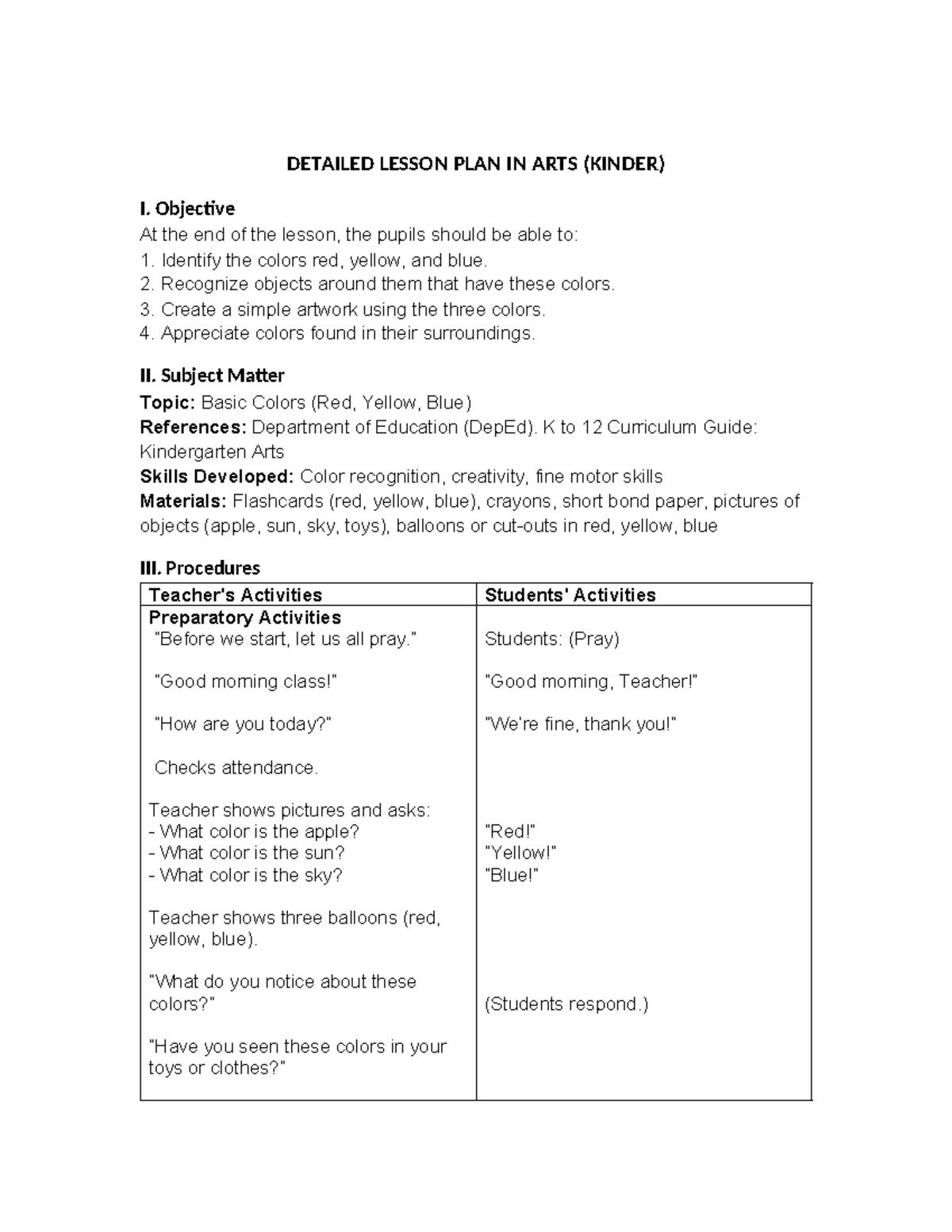 Kinder Arts DLP: Detailed Lesson Plan on Basic Colors - Studocu