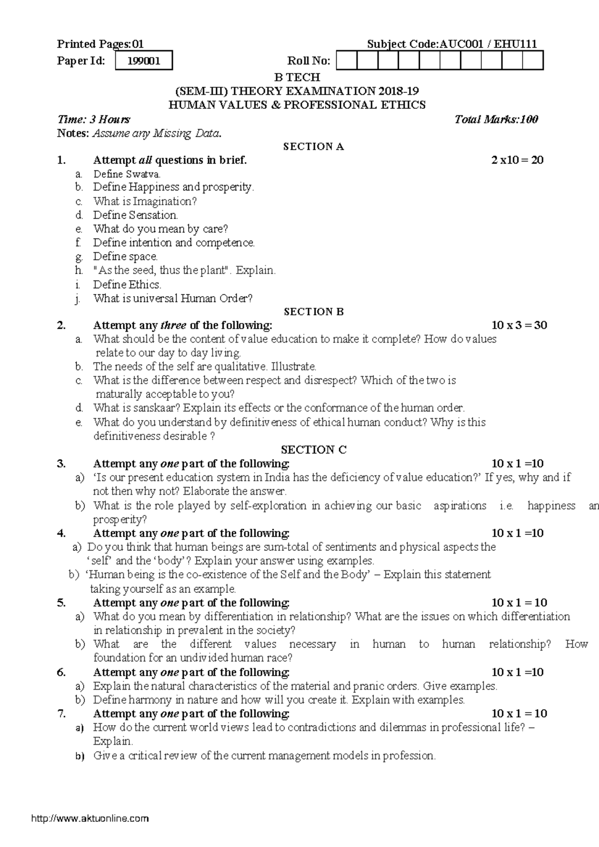 AUC001 - B TECH Theory Exam: Human Values & Professional Ethics PYQs ...