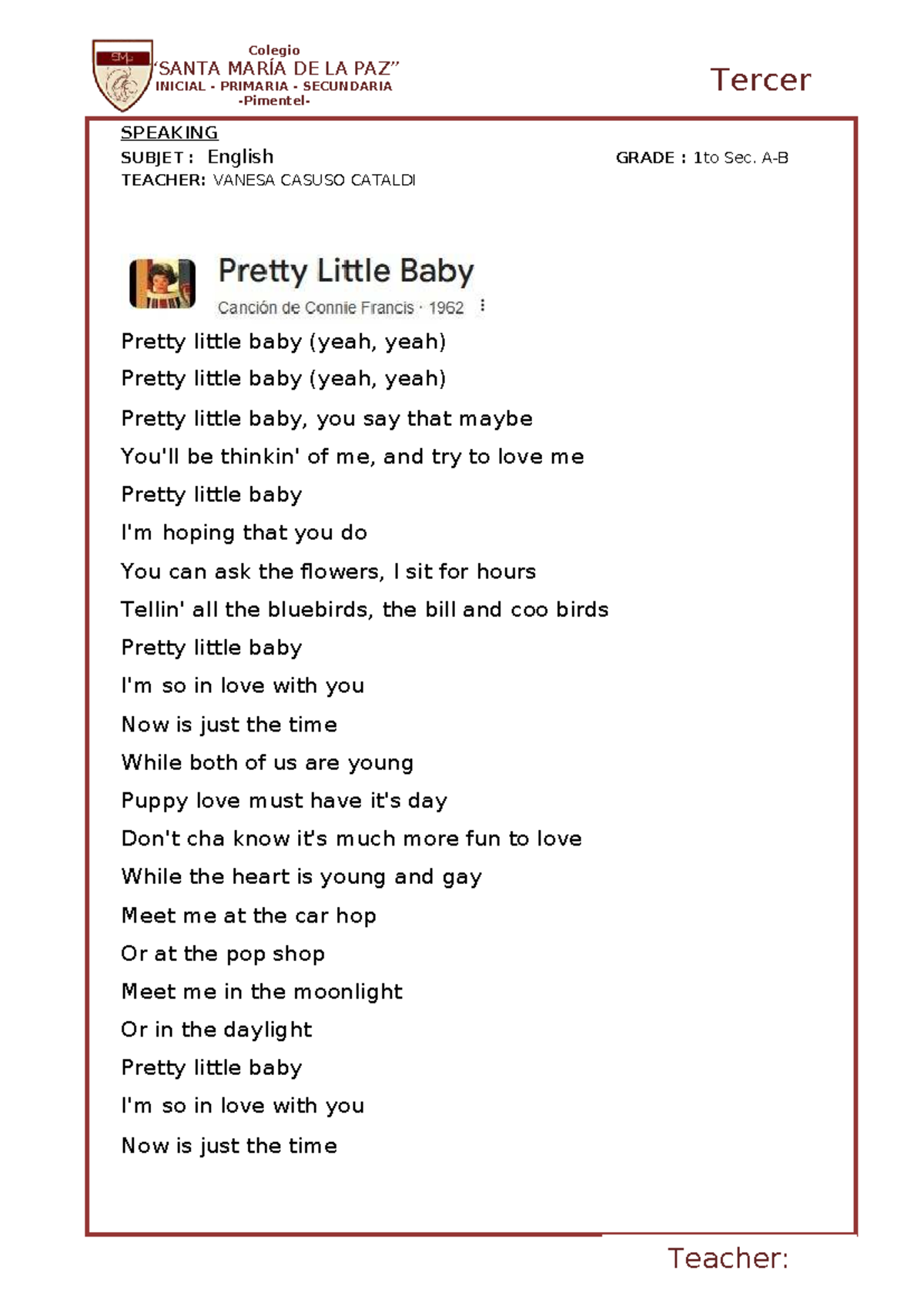 Pretty Little Baby (Song) - III BIM - 1° Sec - Studocu