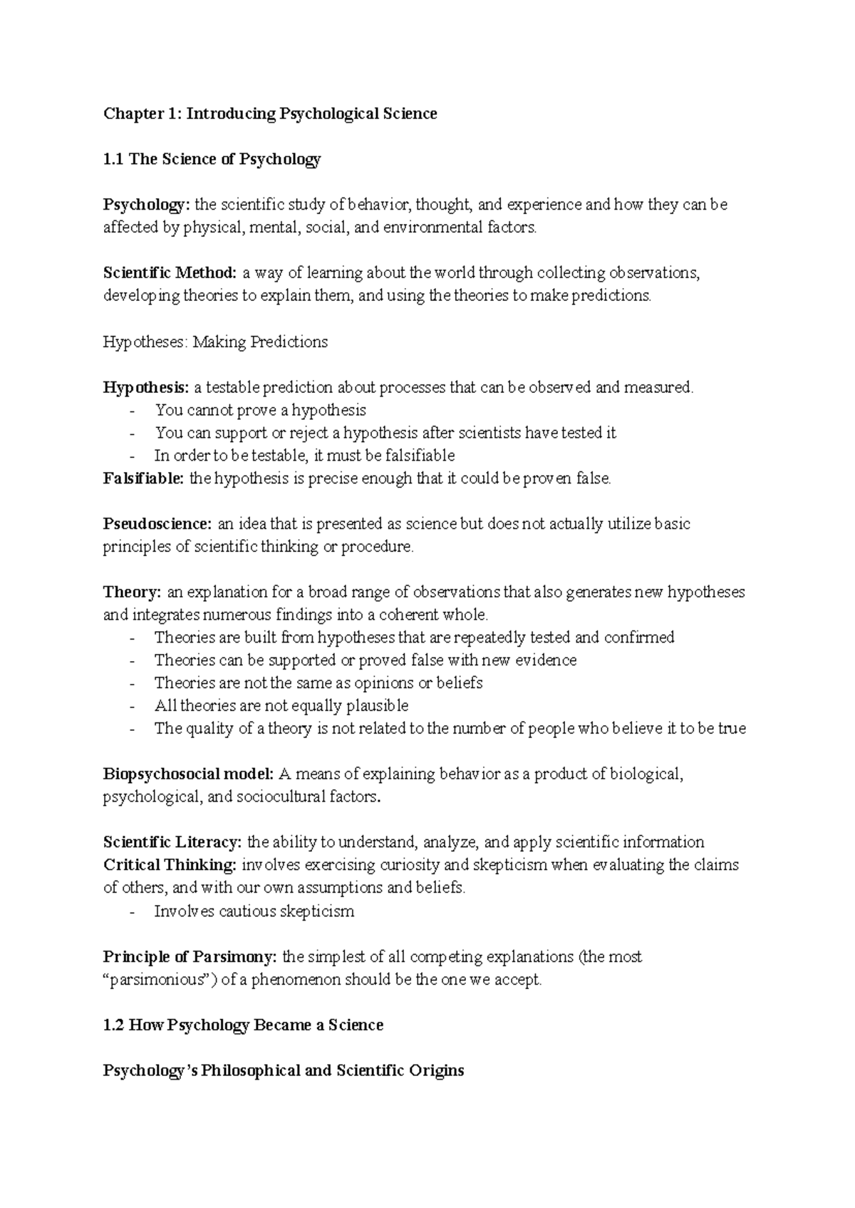 Pysch Chapter 1 Notes - Summary An Introduction to Psychological ...