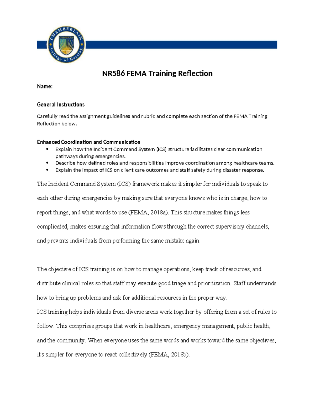 NR586 FEMA Training Reflection: ICS Impact on Healthcare Response - Studocu