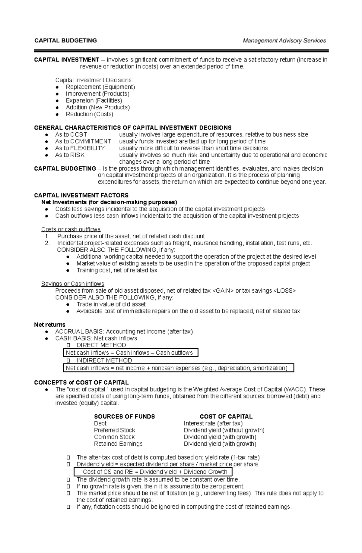 Capital Budgeting - Test Notes (FIN 301) - Studocu