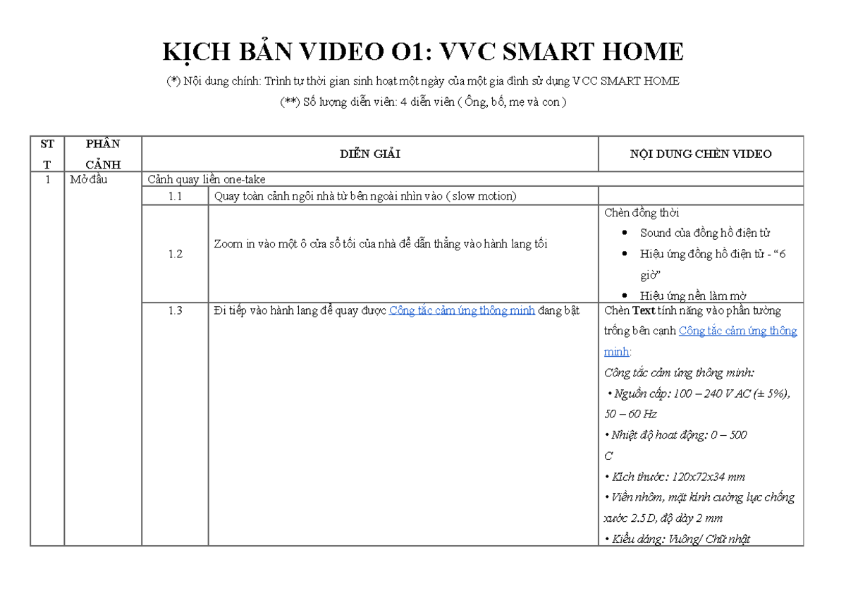 Kịch bản Video VVC Smart Home nháp - KỊCH BẢN VIDEO O1: VVC SMART HOME ...