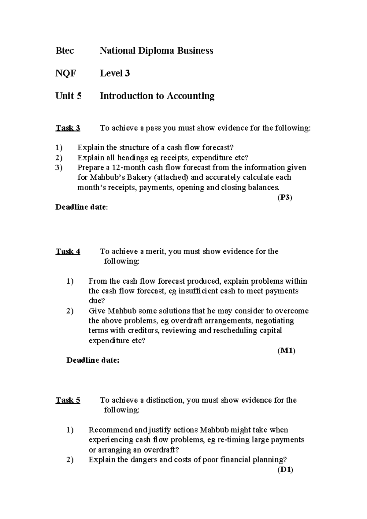 BTEC Level 3 Business Unit 5: Accounting Cash Flow Forecast Tasks P3 ...