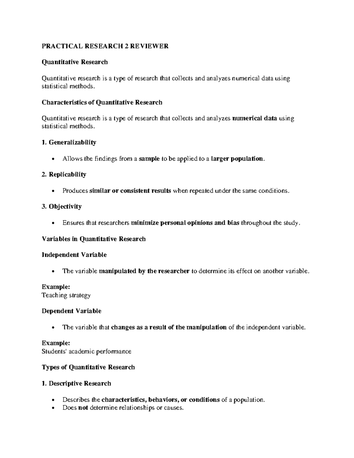 Practical Research 2 Reviewer: Key Concepts in Quantitative Research ...