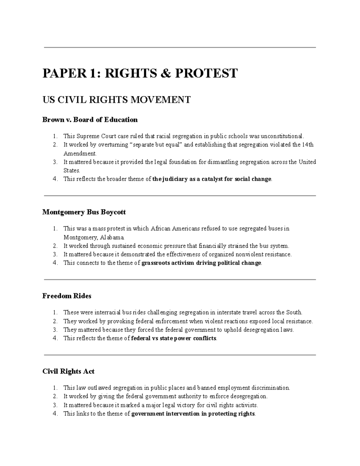 PAPER 1: US & South African Civil Rights Movements Study Guide - Studocu