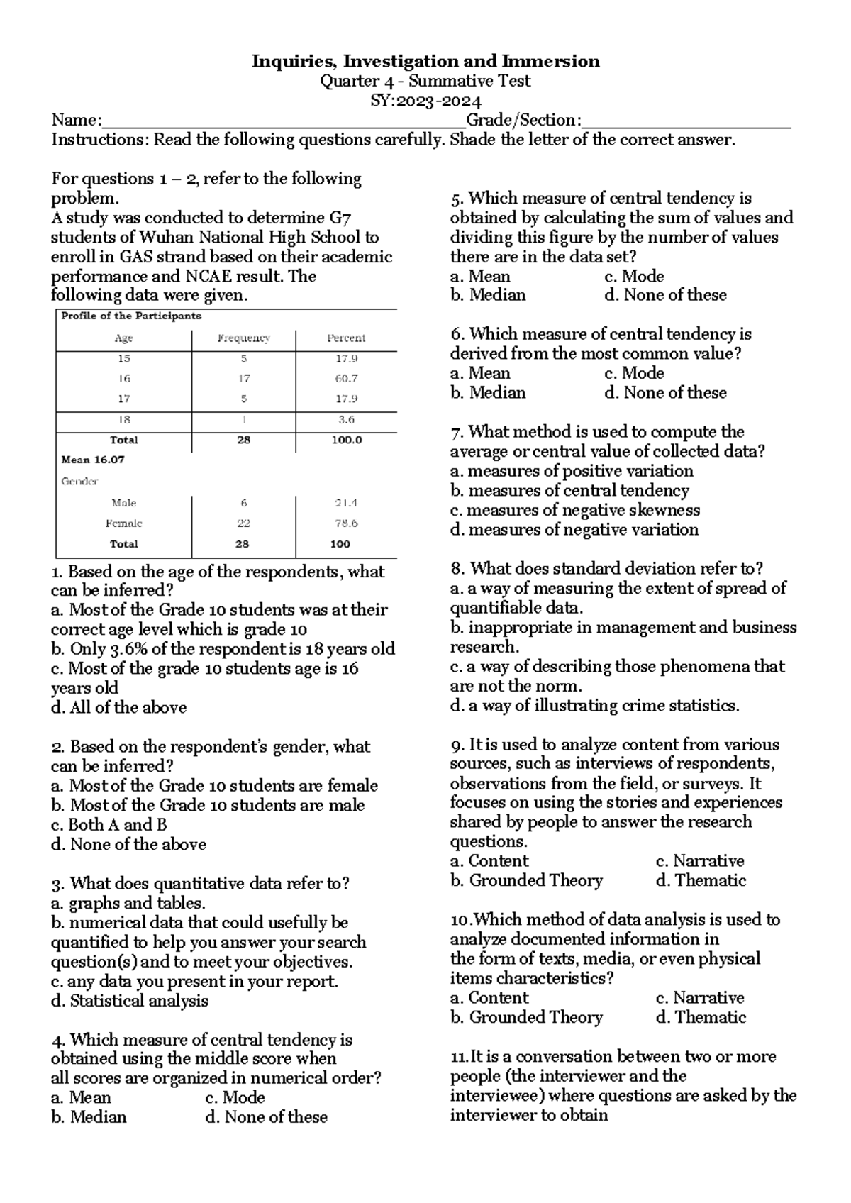 3i's Q4 Summative Test - Inquiries, Investigation & Immersion - Studocu
