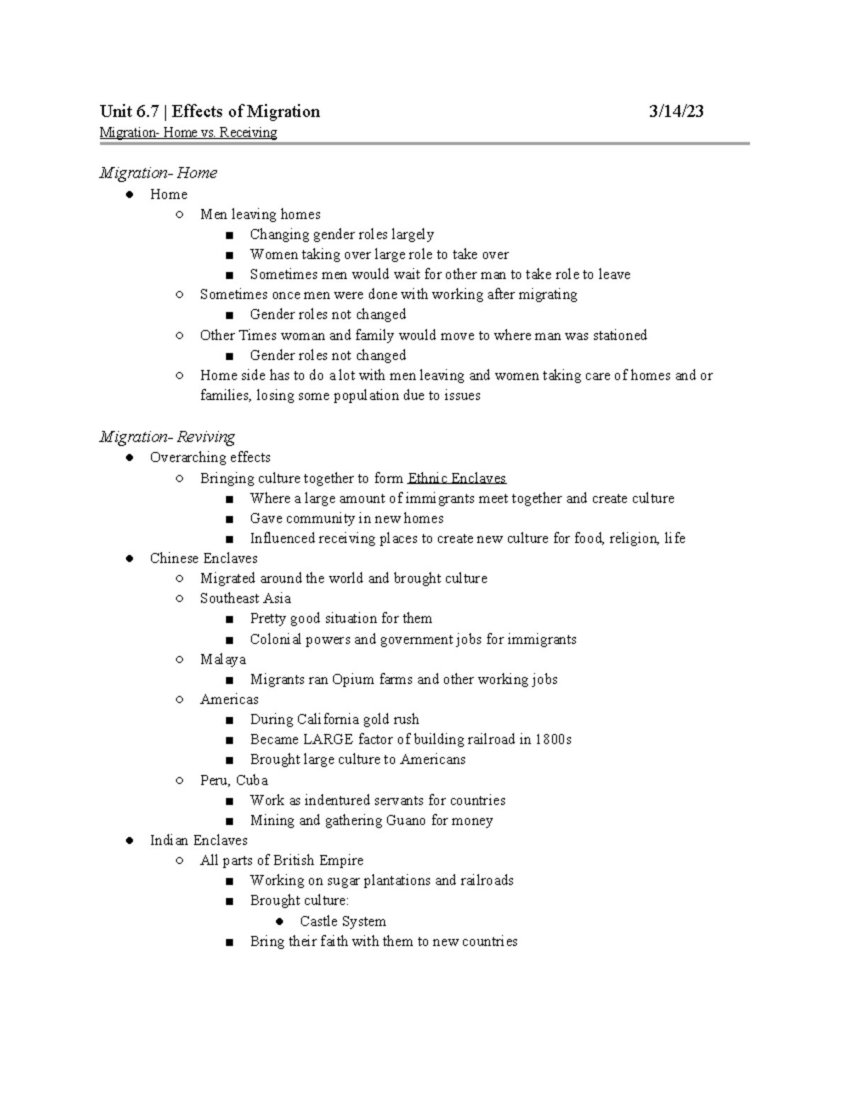 Unit 6.7 Notes: Effects of Migration on Gender Roles and Culture - Studocu
