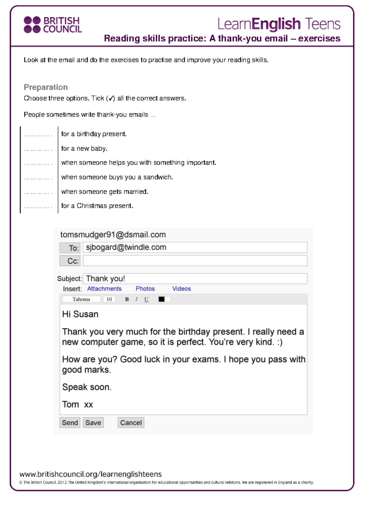A Thank-You Email - Reading Skills Practice Exercises - Studocu