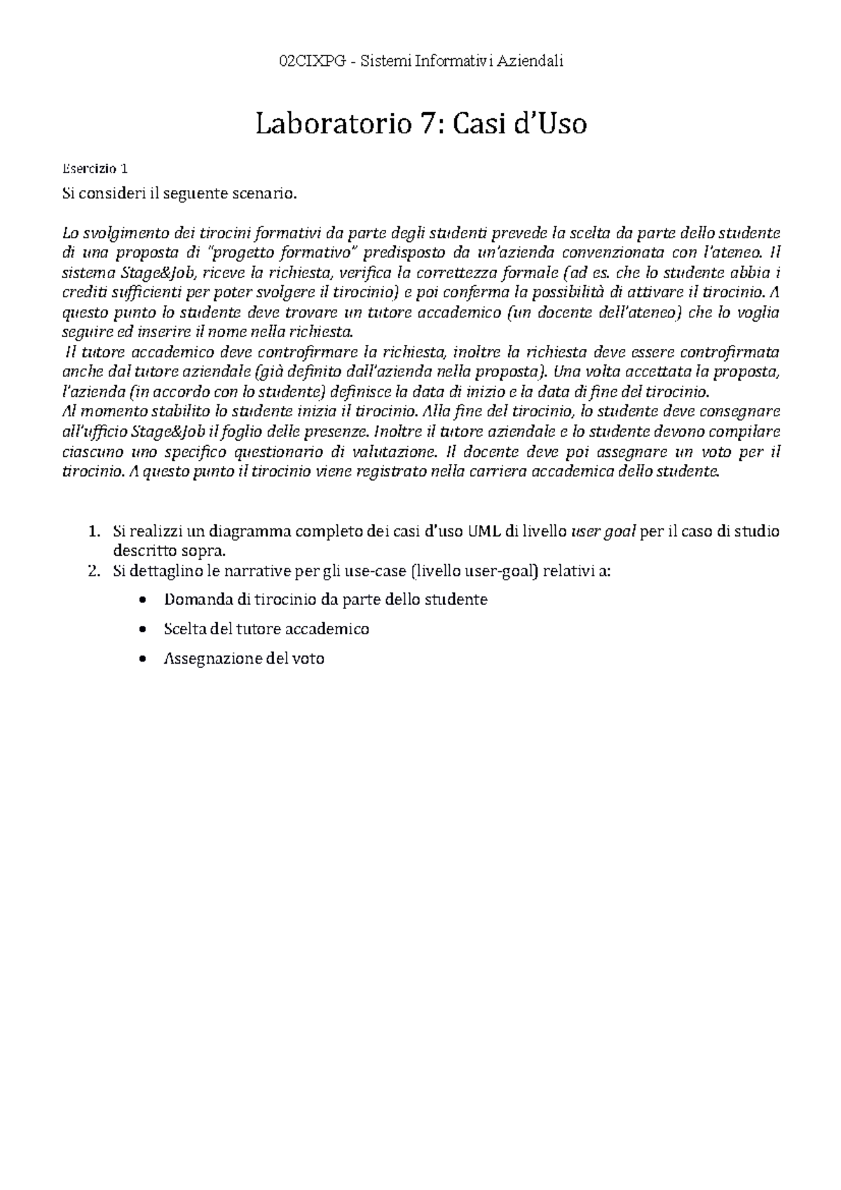 02CIXPG Sistemi Informativi Aziendali Laboratorio 7: UML Casi Esercizio ...