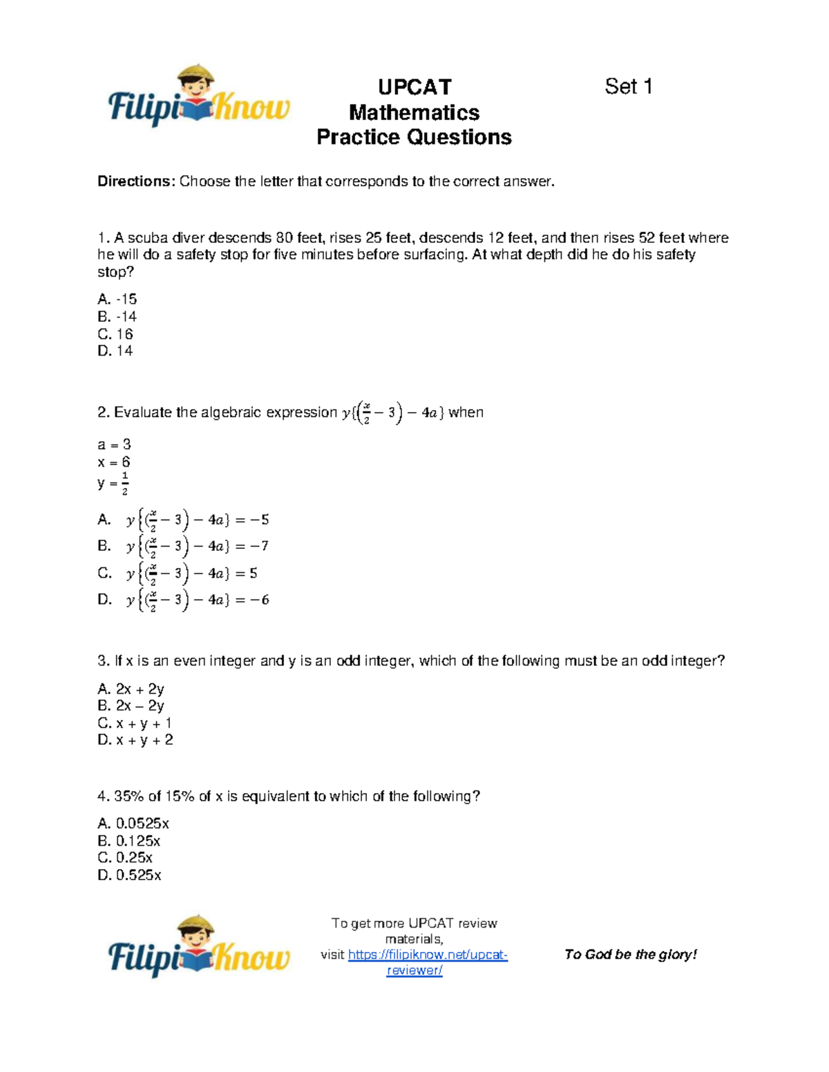 CET MATH Reviewer: UPCAT Mathematics Practice Questions Set 1 - Studocu