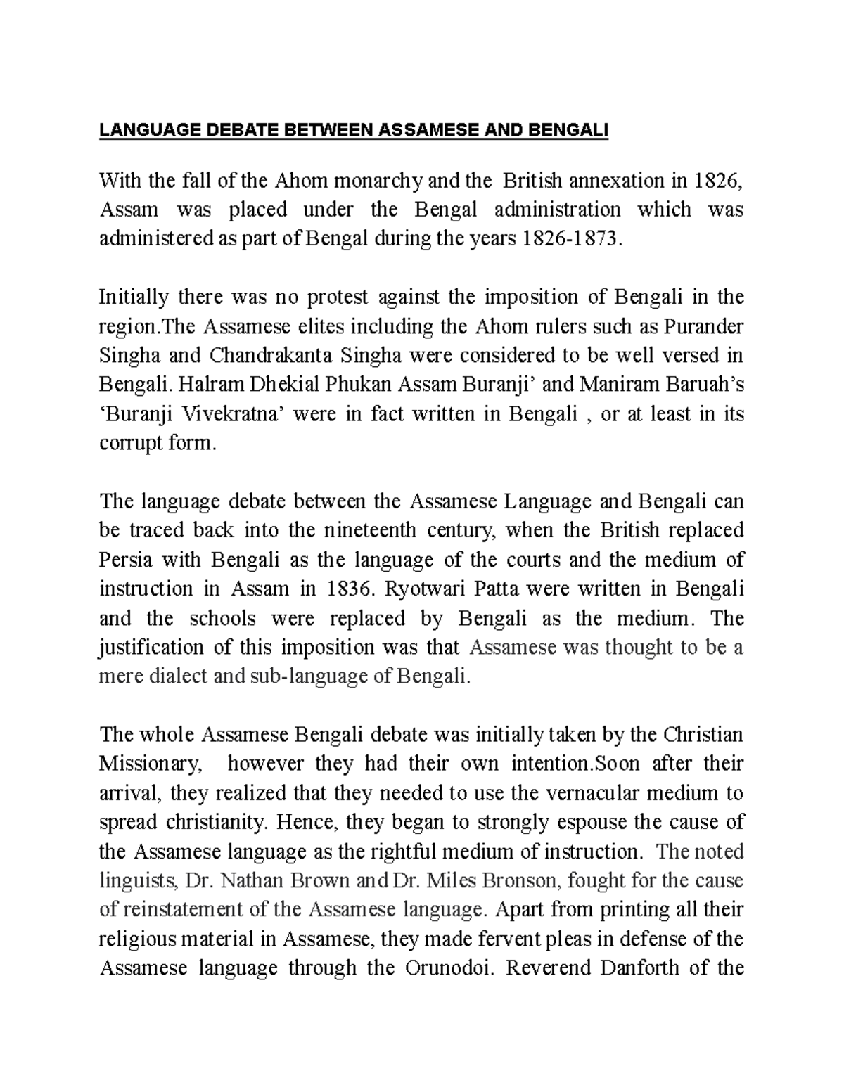 LANGUAGE DEBATE: ASSAMESE VS BENGALI (HISTORICAL CONTEXT) - Studocu