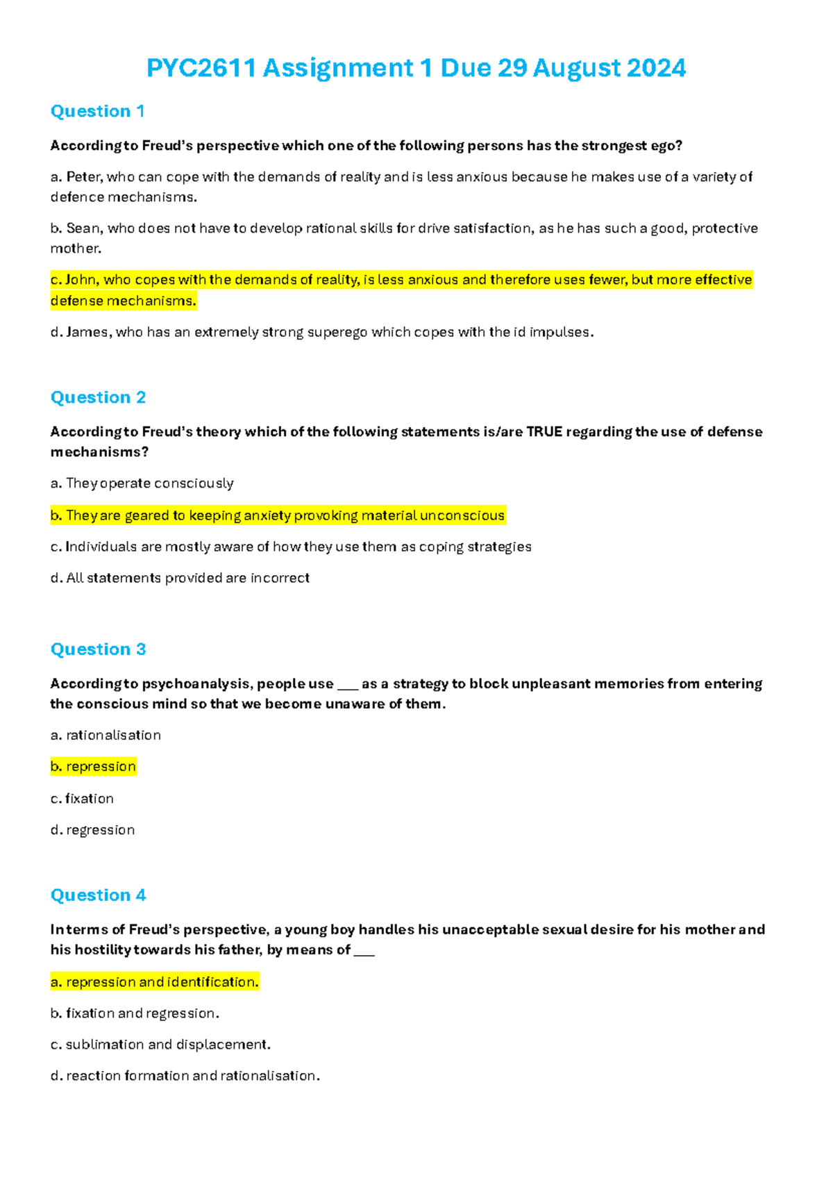 PYC2611 Assignment 1: Freud and Bandura Theories Overview and Questions ...