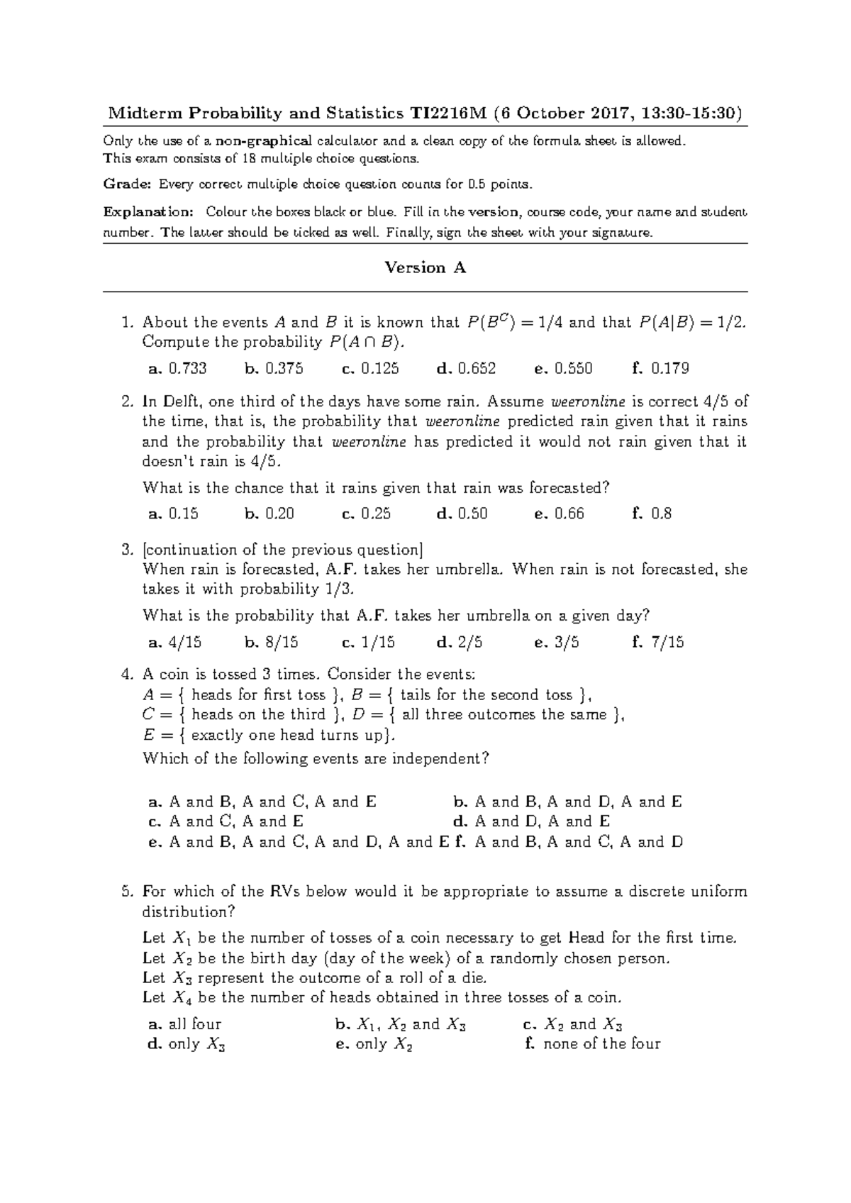 Probability and Statistics Midterm Exam Questions TI2216M 2017 ...