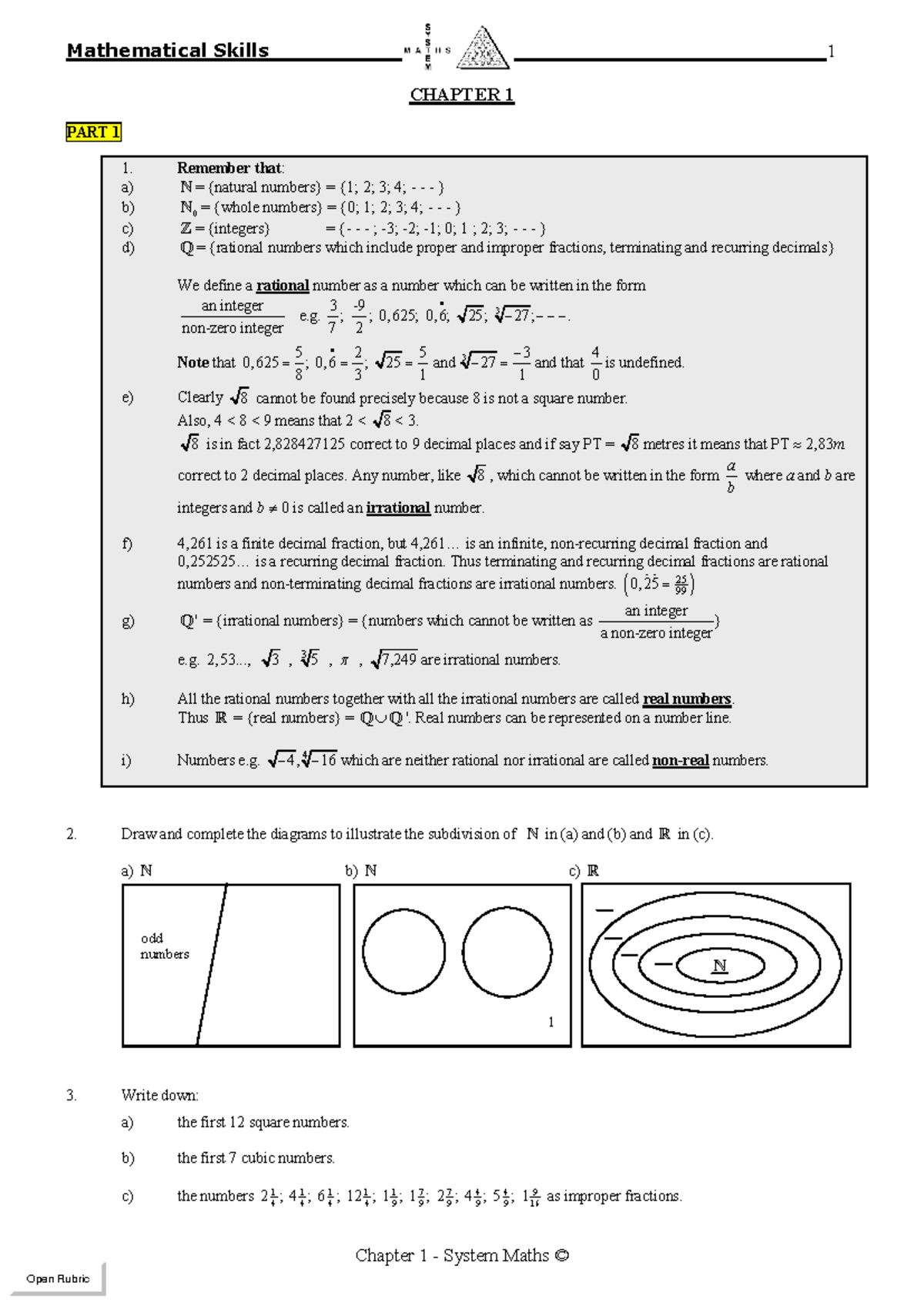 Mathematical Skills 1: Chapter 1 Notes for COH First Year Students ...