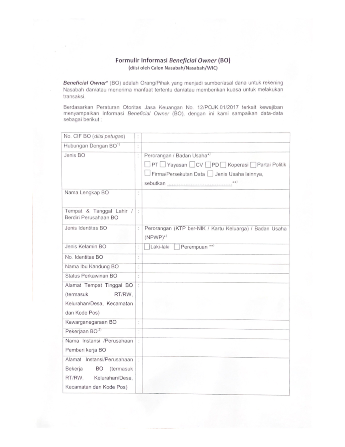 Formulir Informasi Beneficial Owner (BO) untuk Nasabah - Studocu