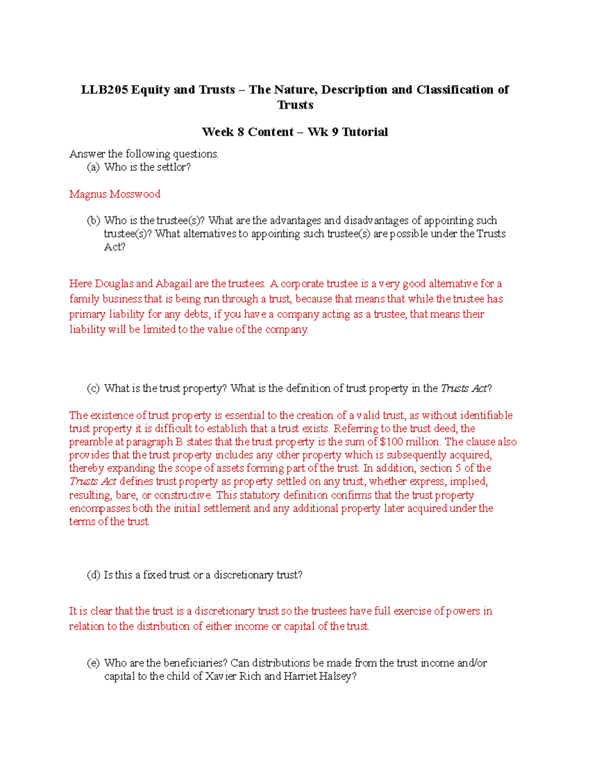 Wk 9 Tutorial Answers - LLB205 Equity & Trusts Week 8 Content - Studocu