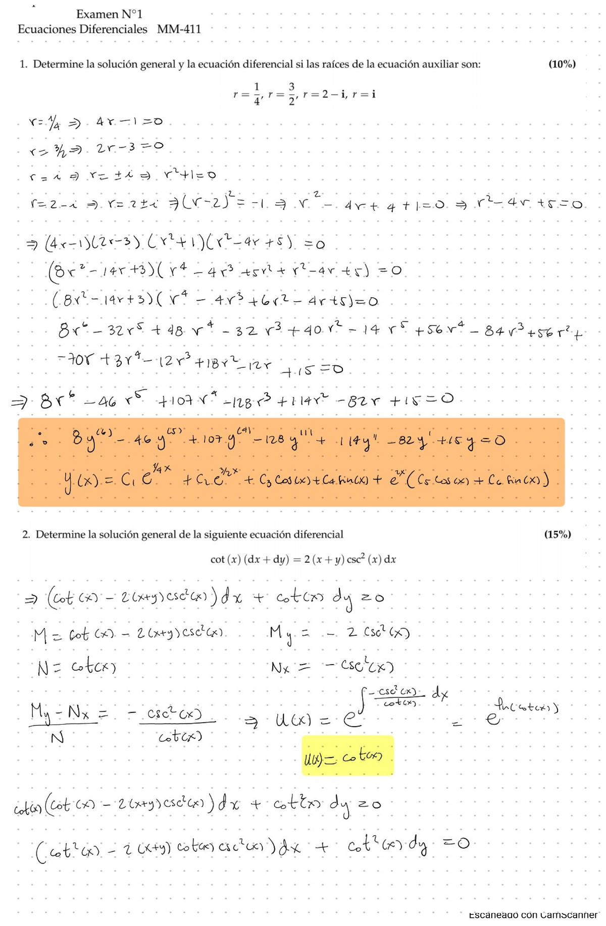 Examen N°1 Ecuaciones Diferenciales MM411 P1 2023: Soluciones y ...