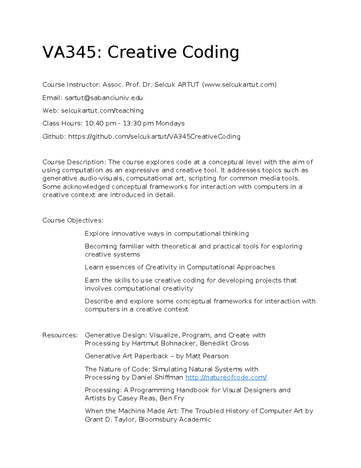 VA345: Creative Coding Syllabus and Course Overview - Studocu