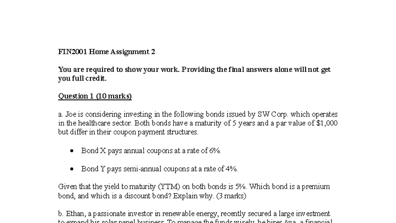 FIN2001 Home Assignment 2: Bond Valuation & Project Analysis - Studocu