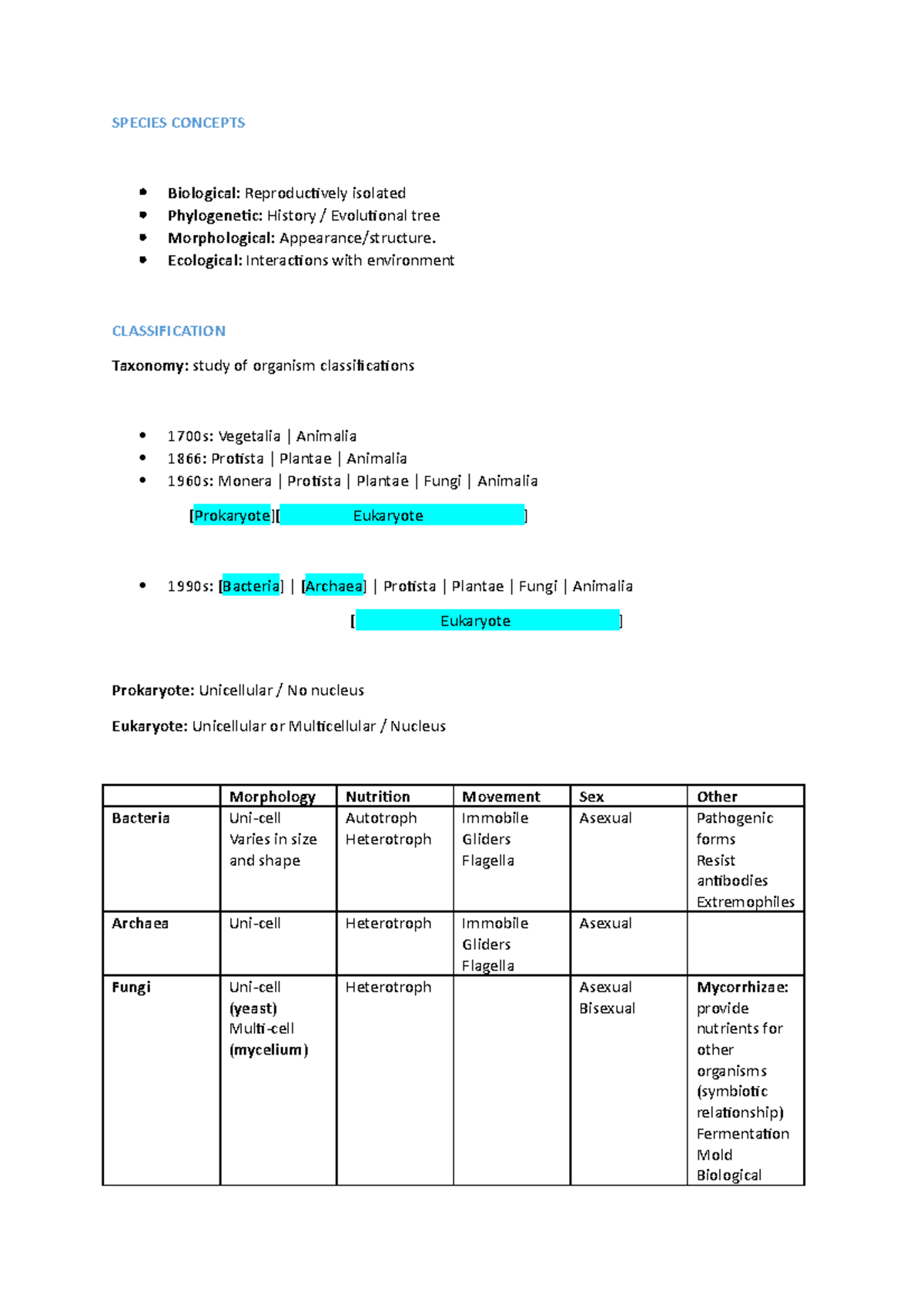 BIOL0001 Lecture Notes: Species Concepts & Classification Overview ...