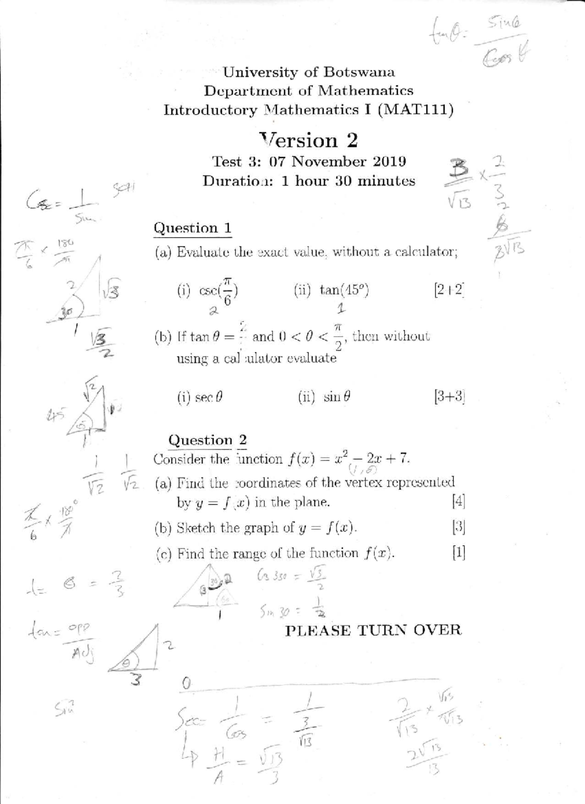 MAT 111 Introductory Test 3 Solutions - November 7, 2019 - Studocu